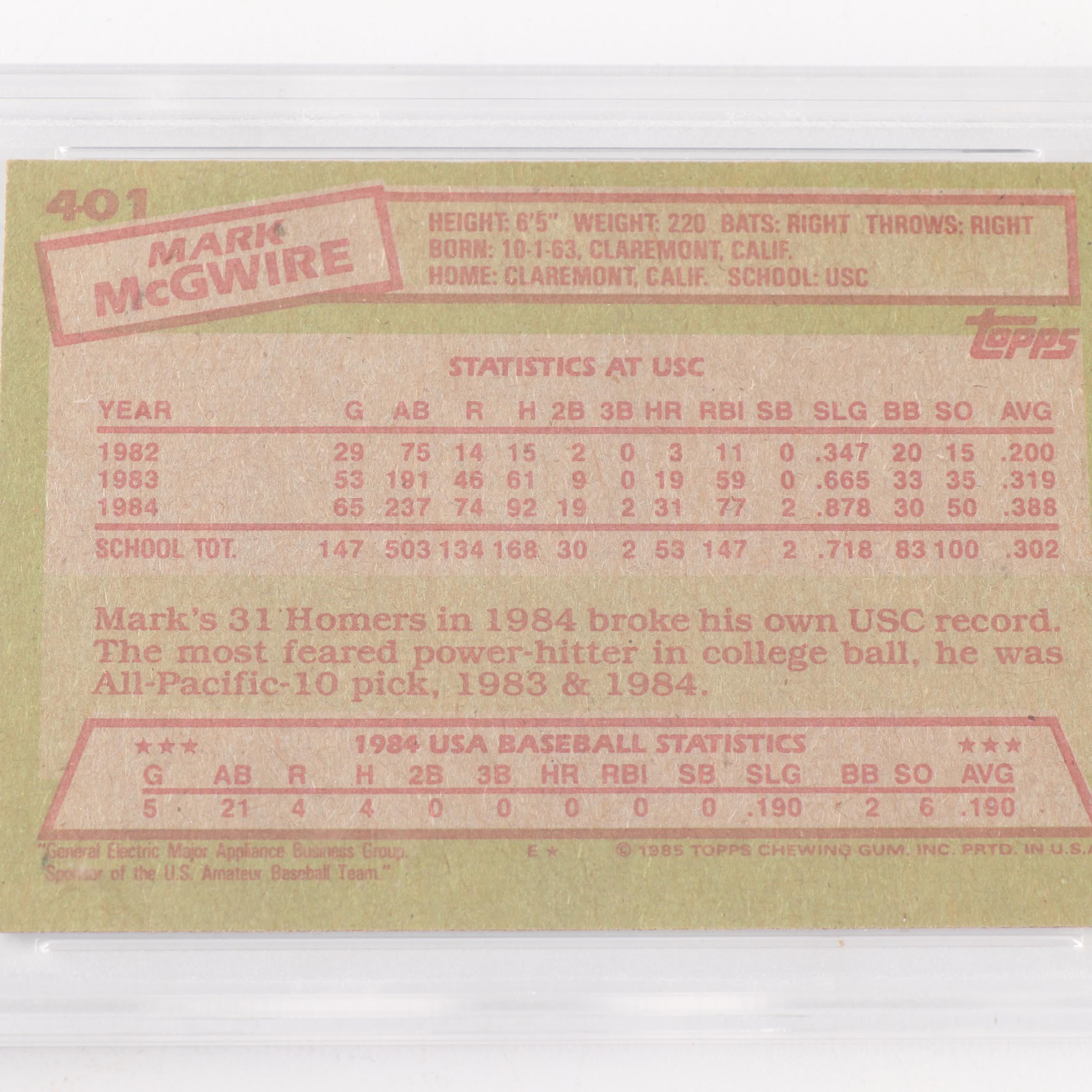Vintage Topps Rookie Baseball Cards including PSA Graded Mark McGwire