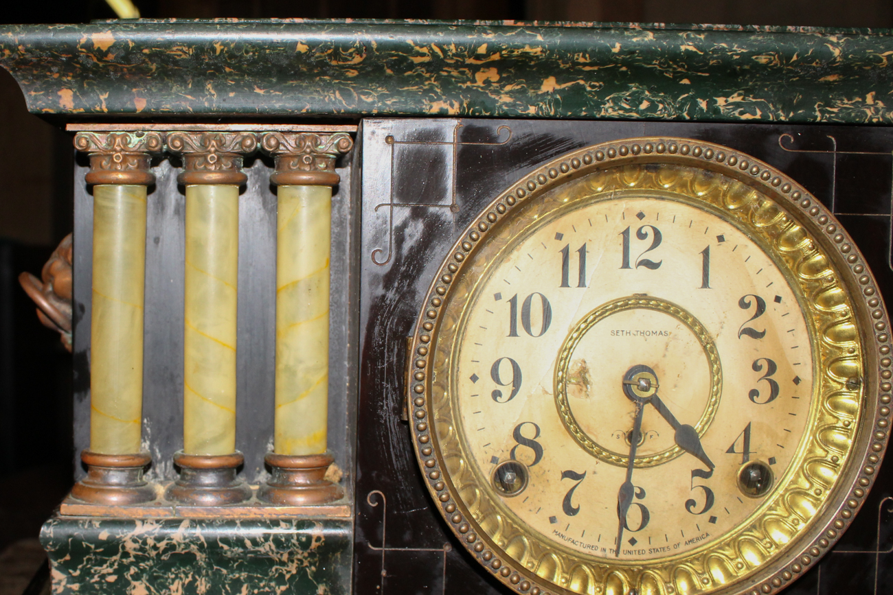 Antique Seth Thomas Adamantine Mantel Clock with Celluloid Pillars