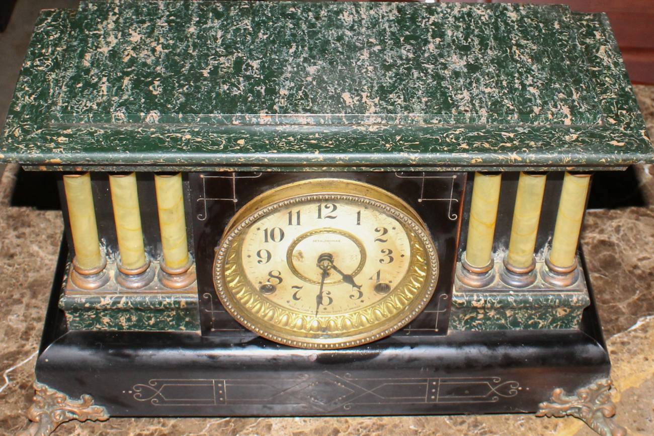 Antique Seth Thomas Adamantine Mantel Clock with Celluloid Pillars