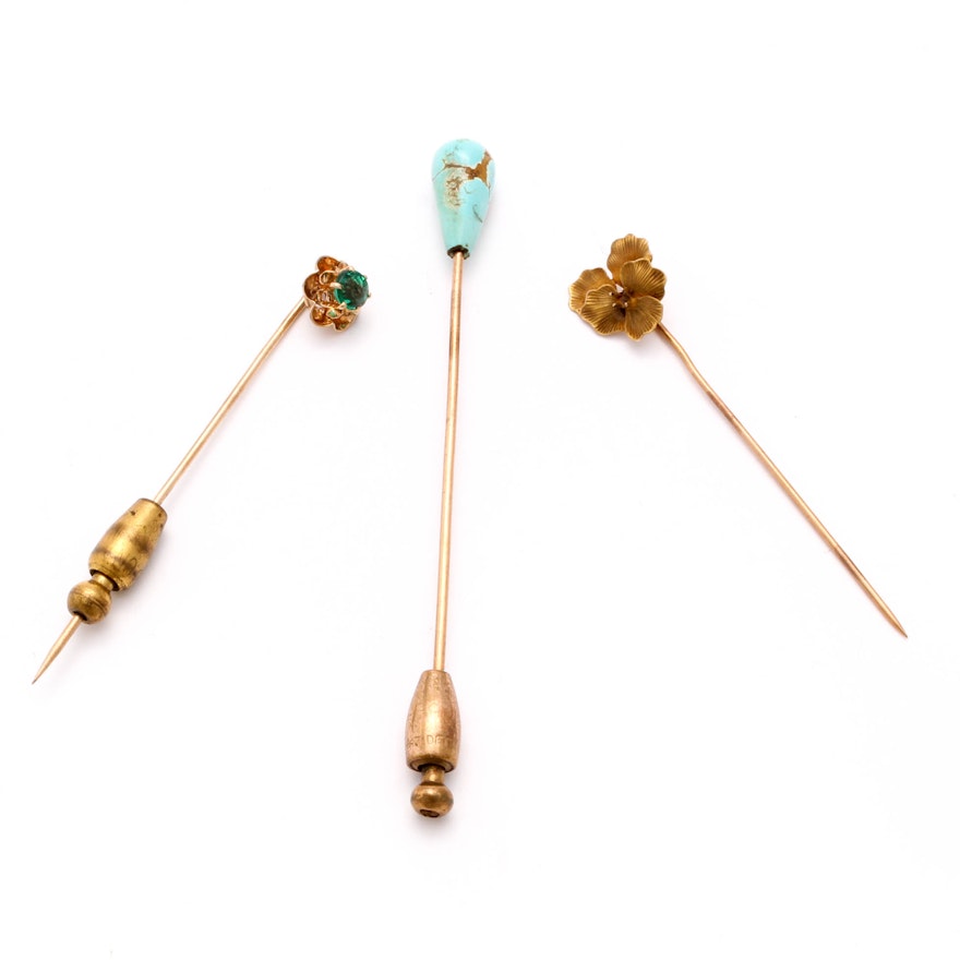 Antique 14K Yellow Gold Stick Pins with Gemstones