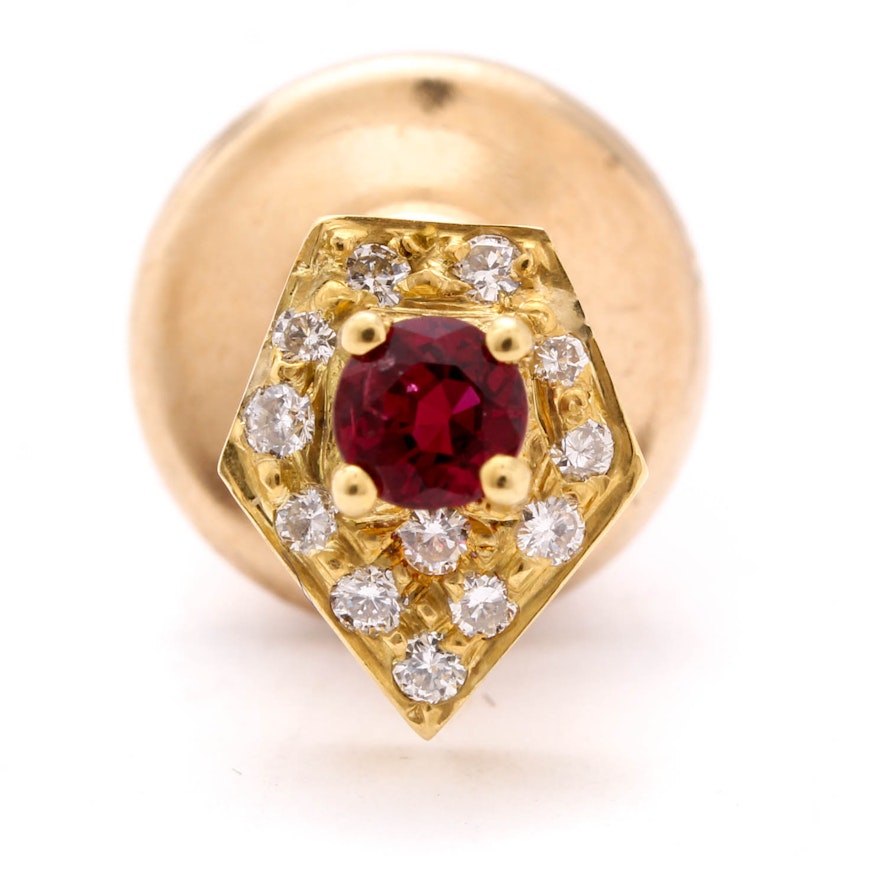 14K Yellow Gold Diamond and Ruby Tie Tack