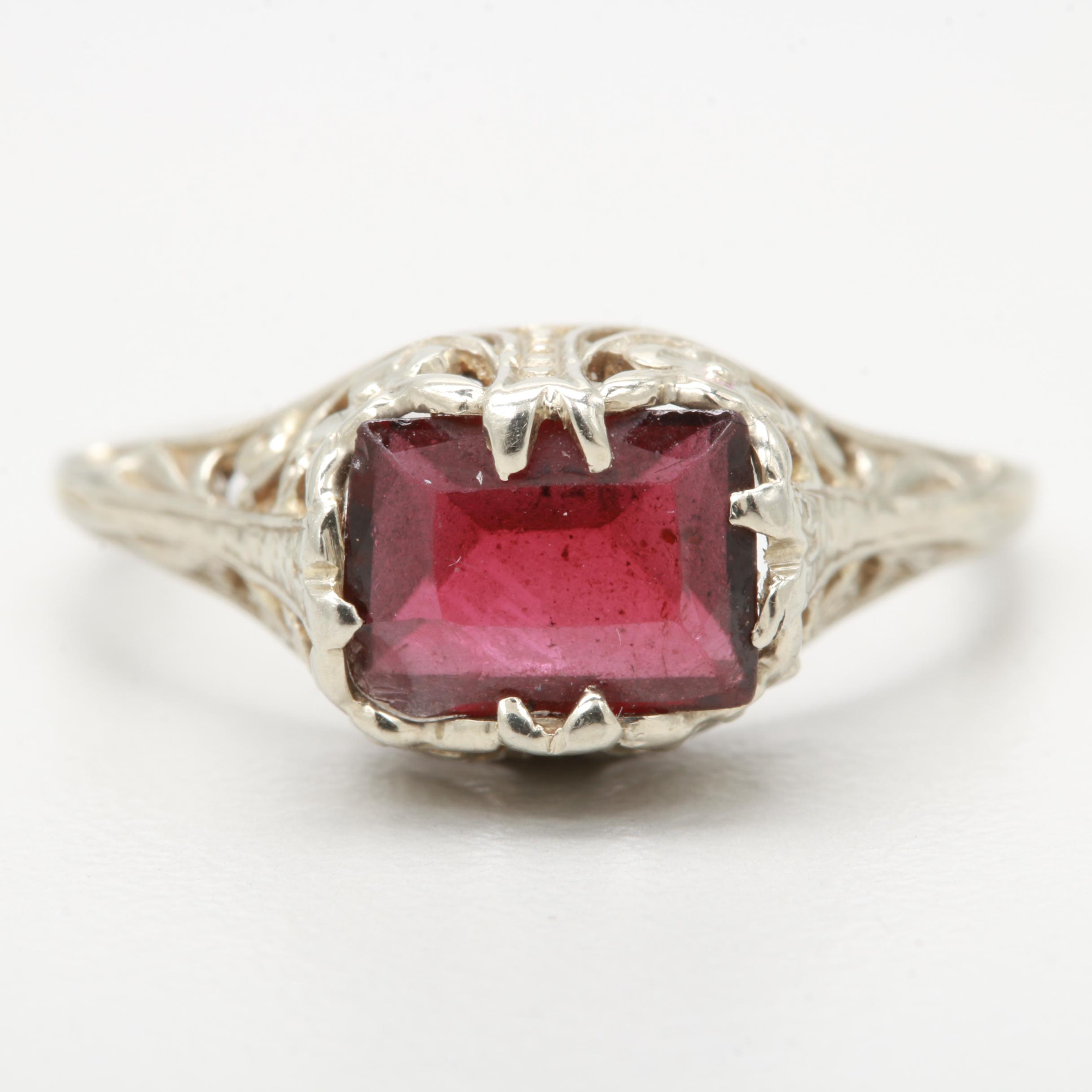 Edwardian 18K White Gold Garnet Filigree Ring