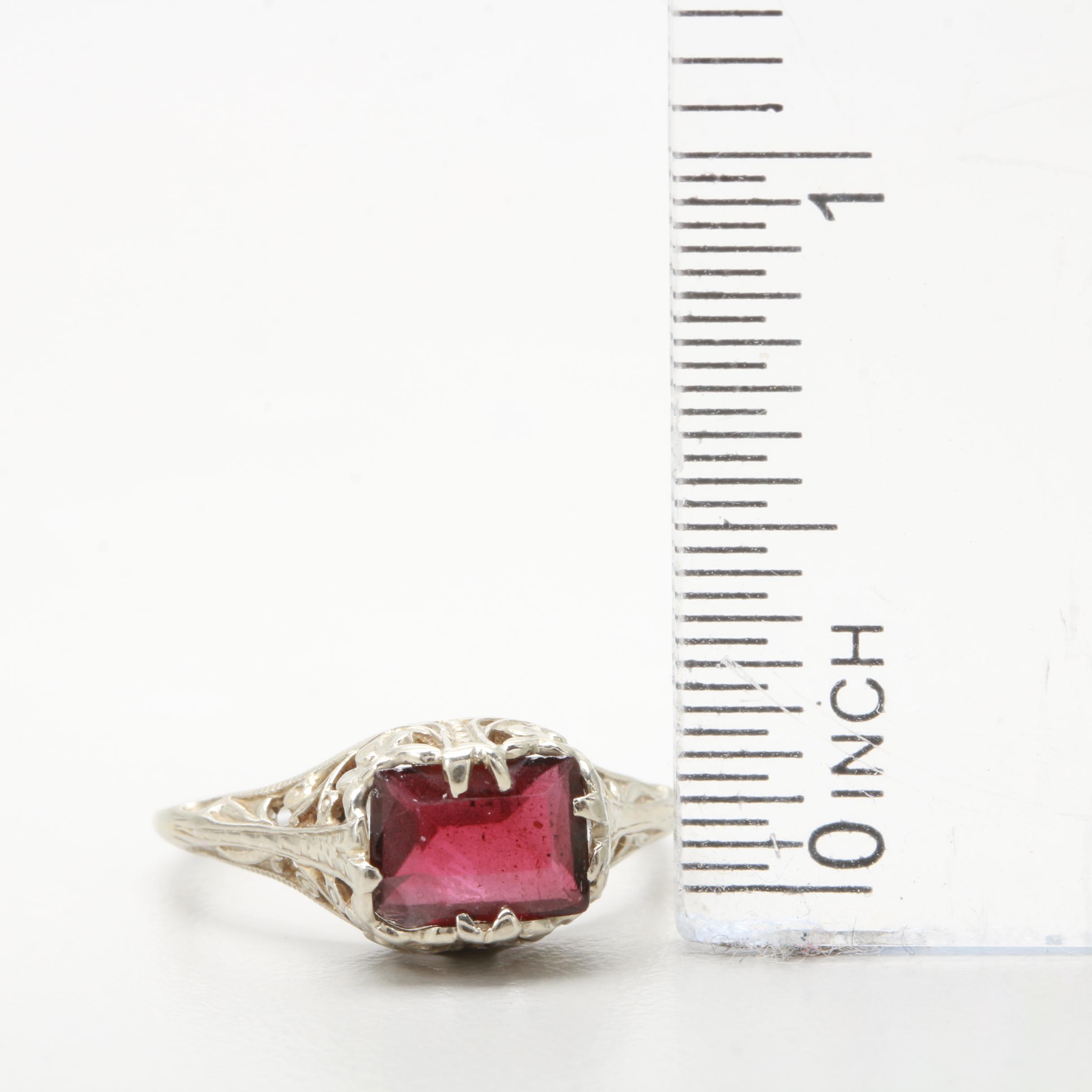 Edwardian 18K White Gold Garnet Filigree Ring