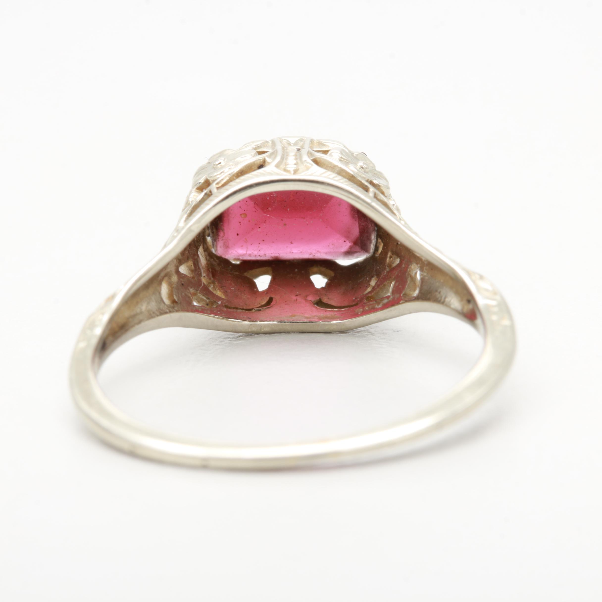 Edwardian 18K White Gold Garnet Filigree Ring
