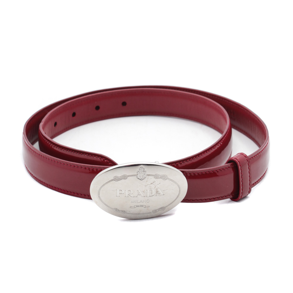 Prada Red Leather Belt with Engraved Logo Buckle