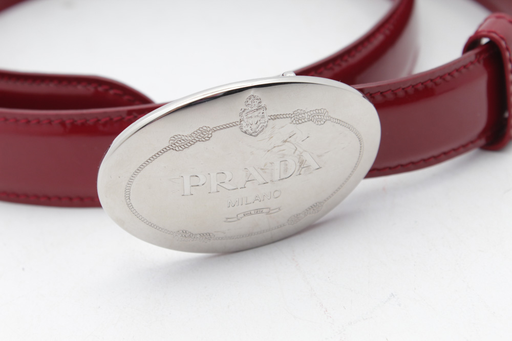 Prada Red Leather Belt with Engraved Logo Buckle