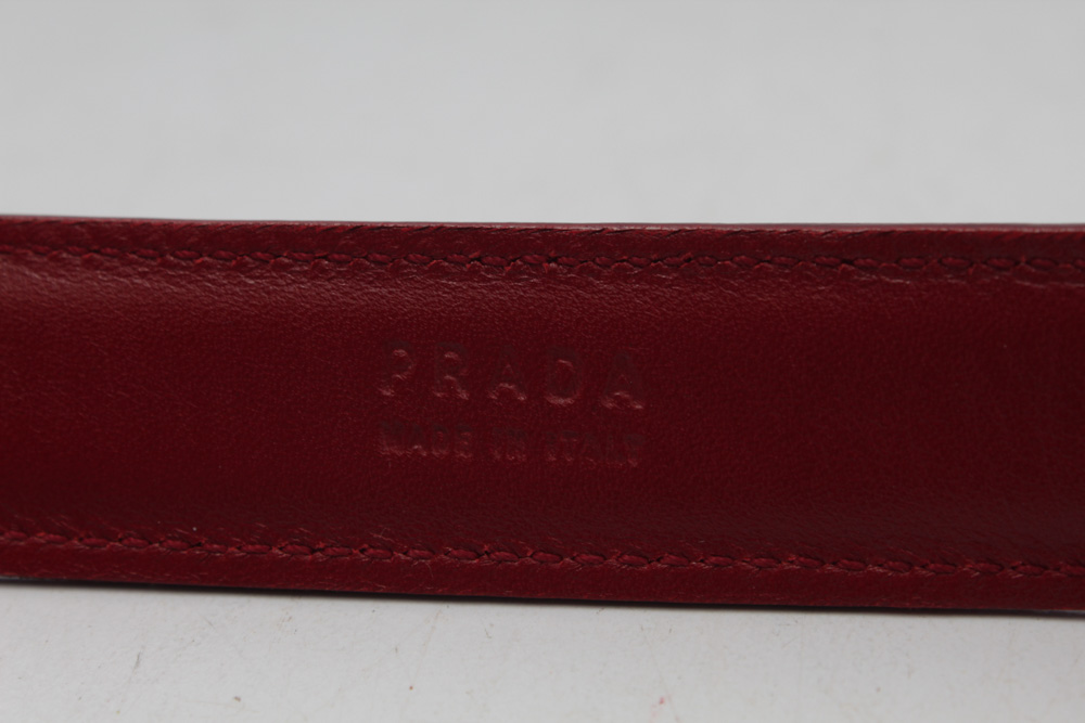 Prada Red Leather Belt with Engraved Logo Buckle
