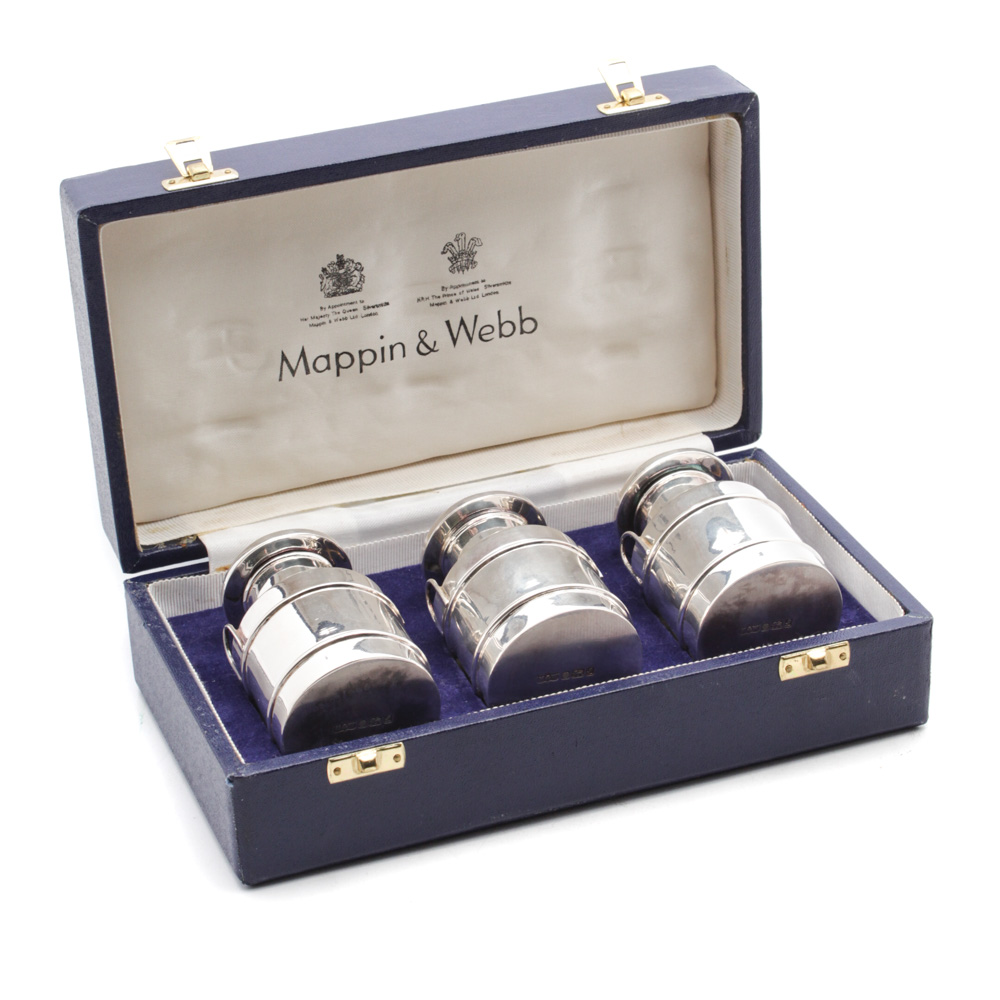 Mappin & Webb Sterling Silver Salt and Pepper Shakers and Mustard Jar
