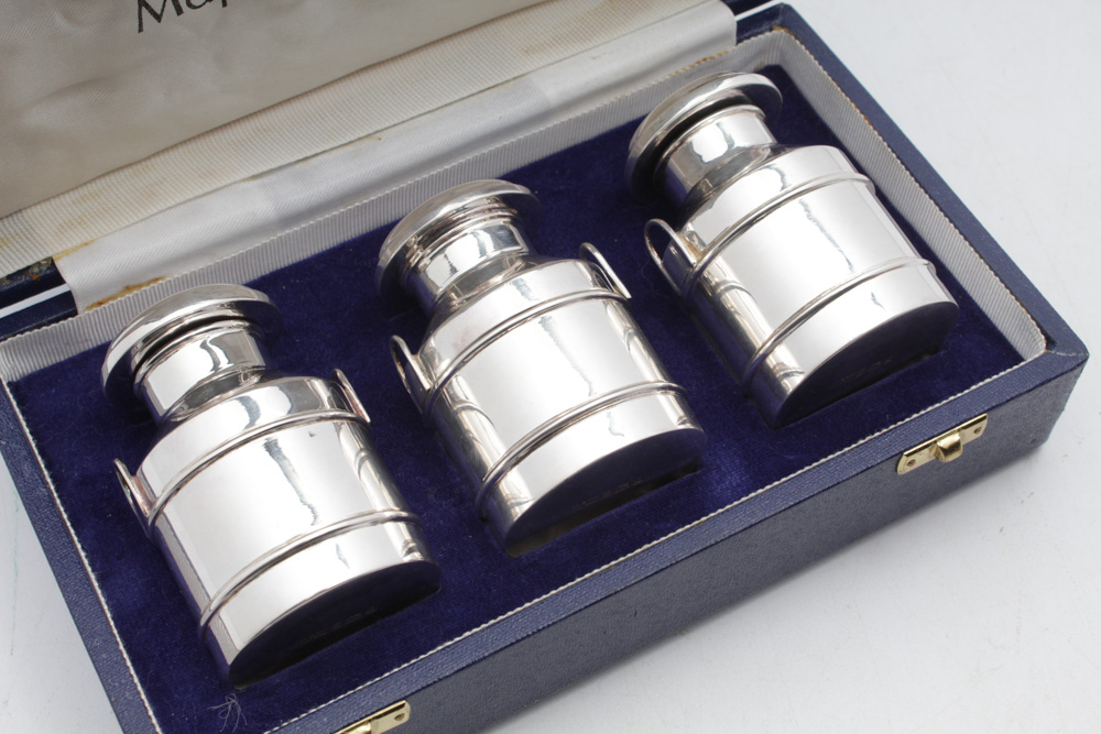 Mappin & Webb Sterling Silver Salt and Pepper Shakers and Mustard Jar