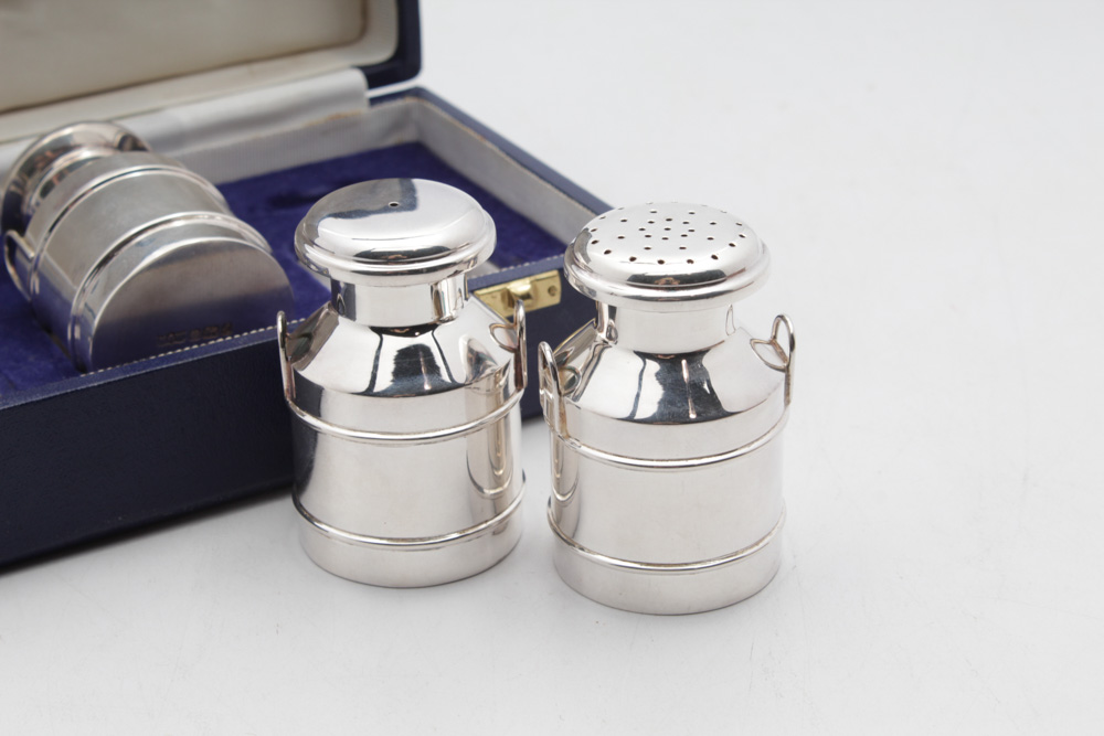 Mappin & Webb Sterling Silver Salt and Pepper Shakers and Mustard Jar