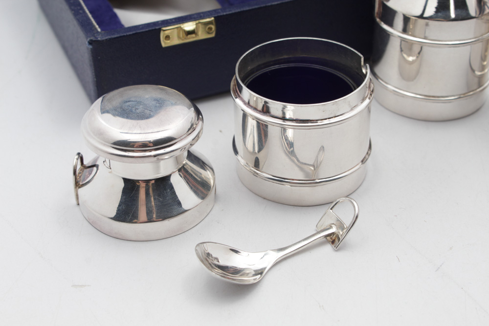 Mappin & Webb Sterling Silver Salt and Pepper Shakers and Mustard Jar