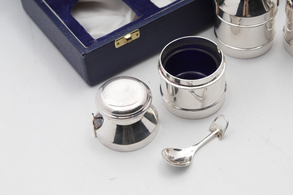 Mappin & Webb Sterling Silver Salt and Pepper Shakers and Mustard Jar