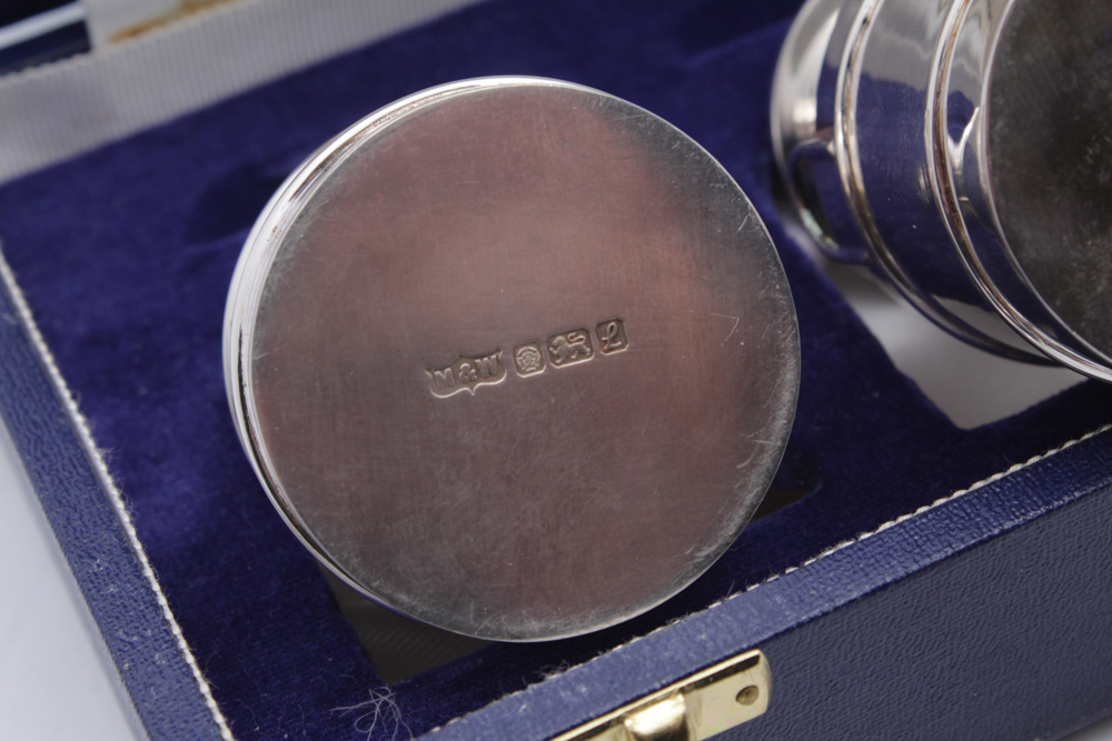 Mappin & Webb Sterling Silver Salt and Pepper Shakers and Mustard Jar