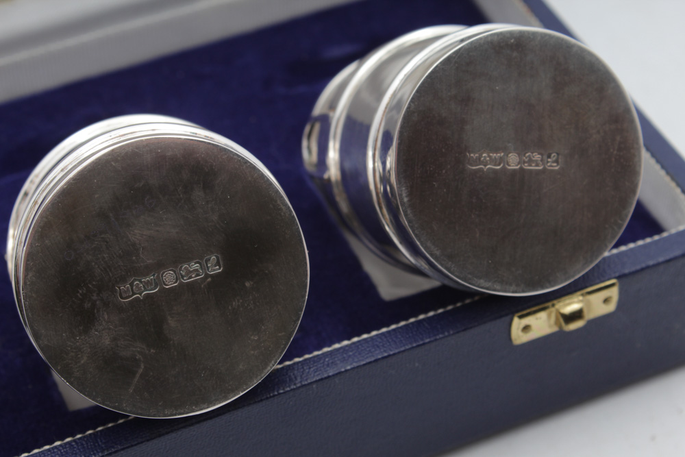 Mappin & Webb Sterling Silver Salt and Pepper Shakers and Mustard Jar