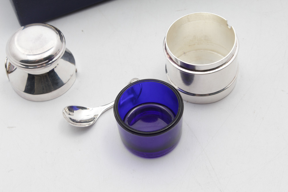 Mappin & Webb Sterling Silver Salt and Pepper Shakers and Mustard Jar