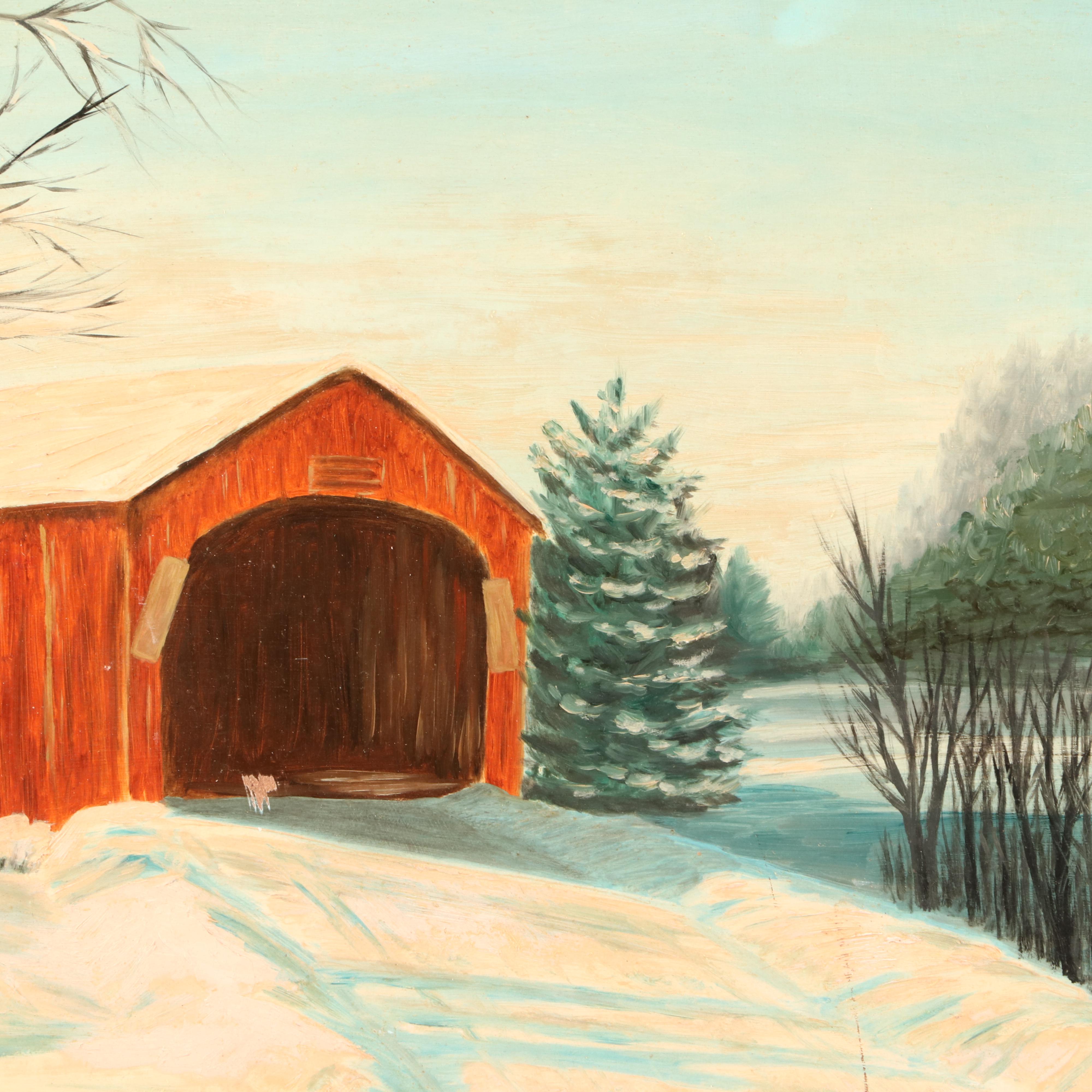 Oil Painting of Winter Scene with Covered Bridge
