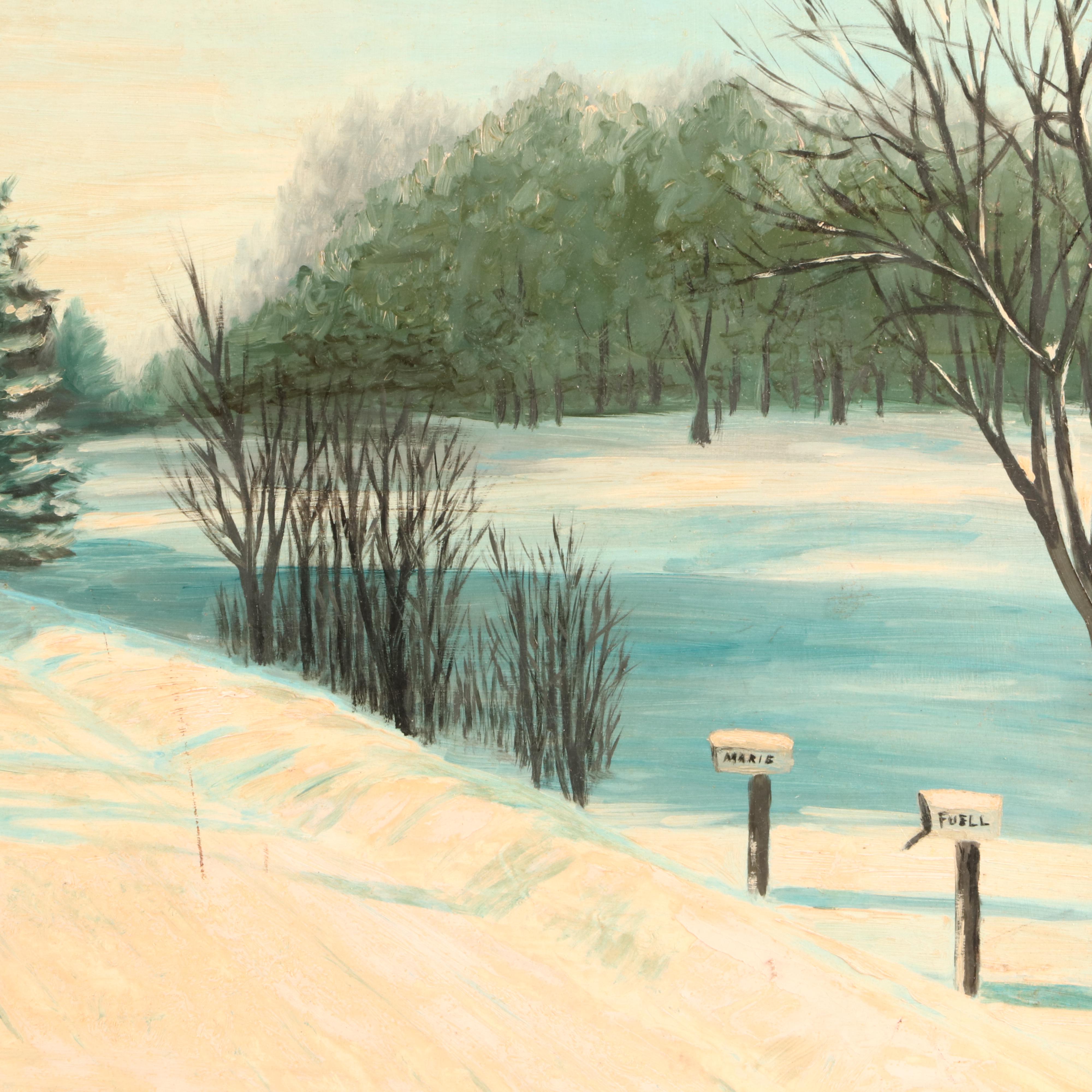 Oil Painting of Winter Scene with Covered Bridge