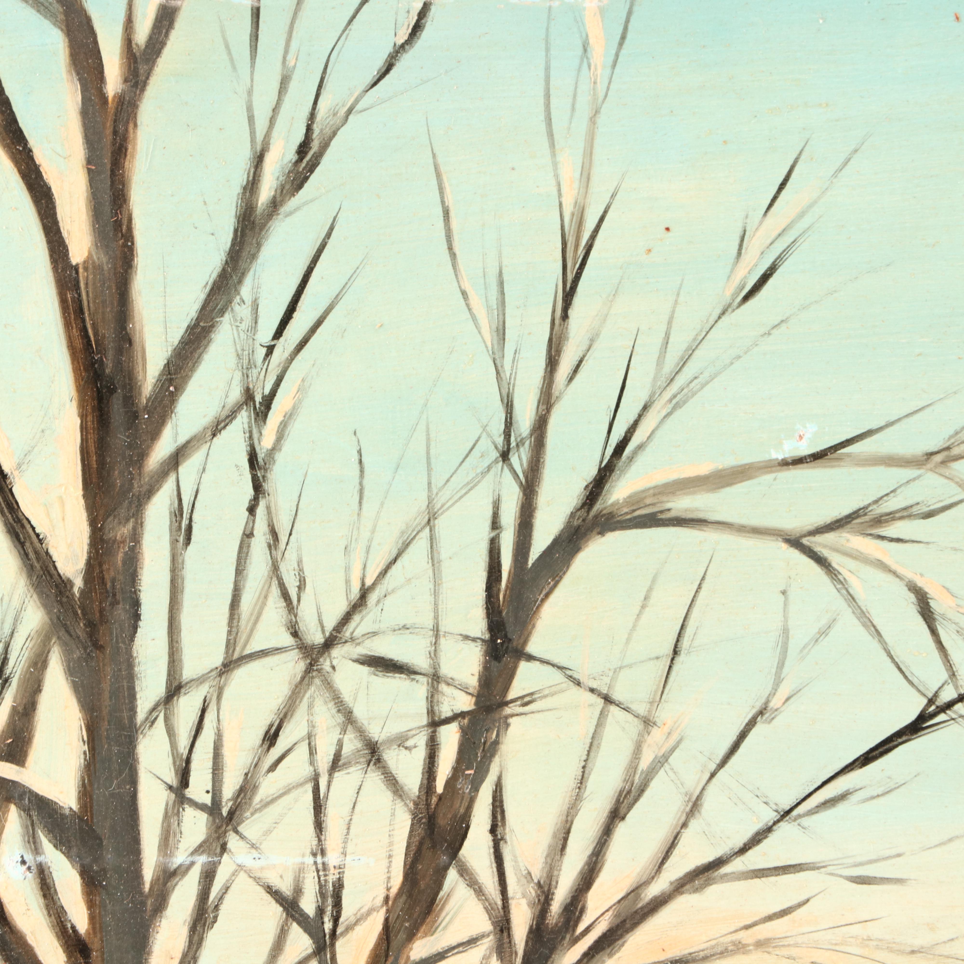 Oil Painting of Winter Scene with Covered Bridge