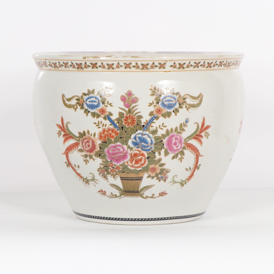 Chinese Floral Themed Fish Bowl Ceramic Planter