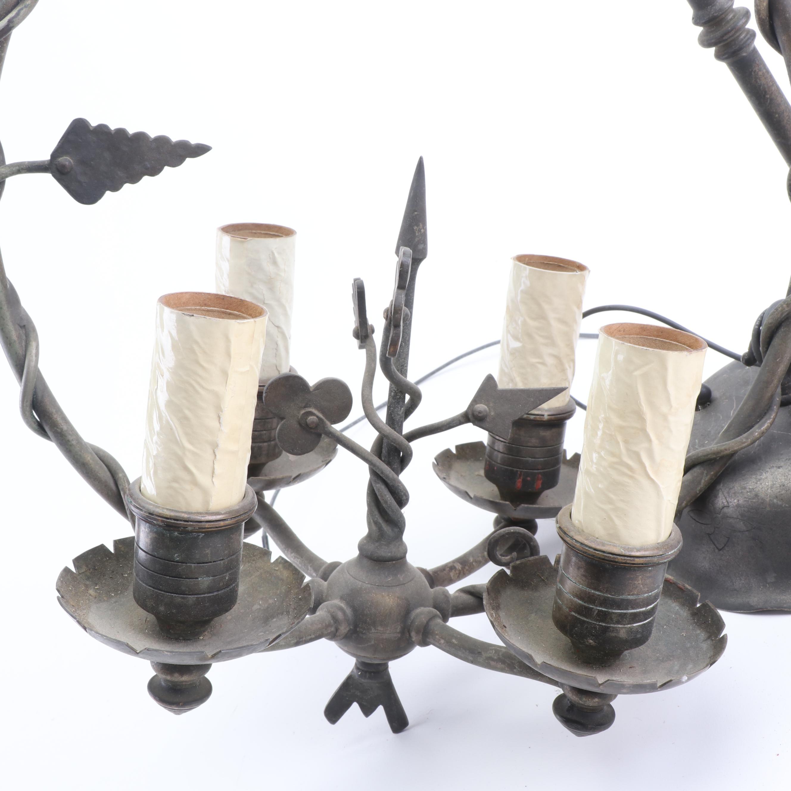 Wrought Iron Ivy Form Four Light Chandelier, circa 1940