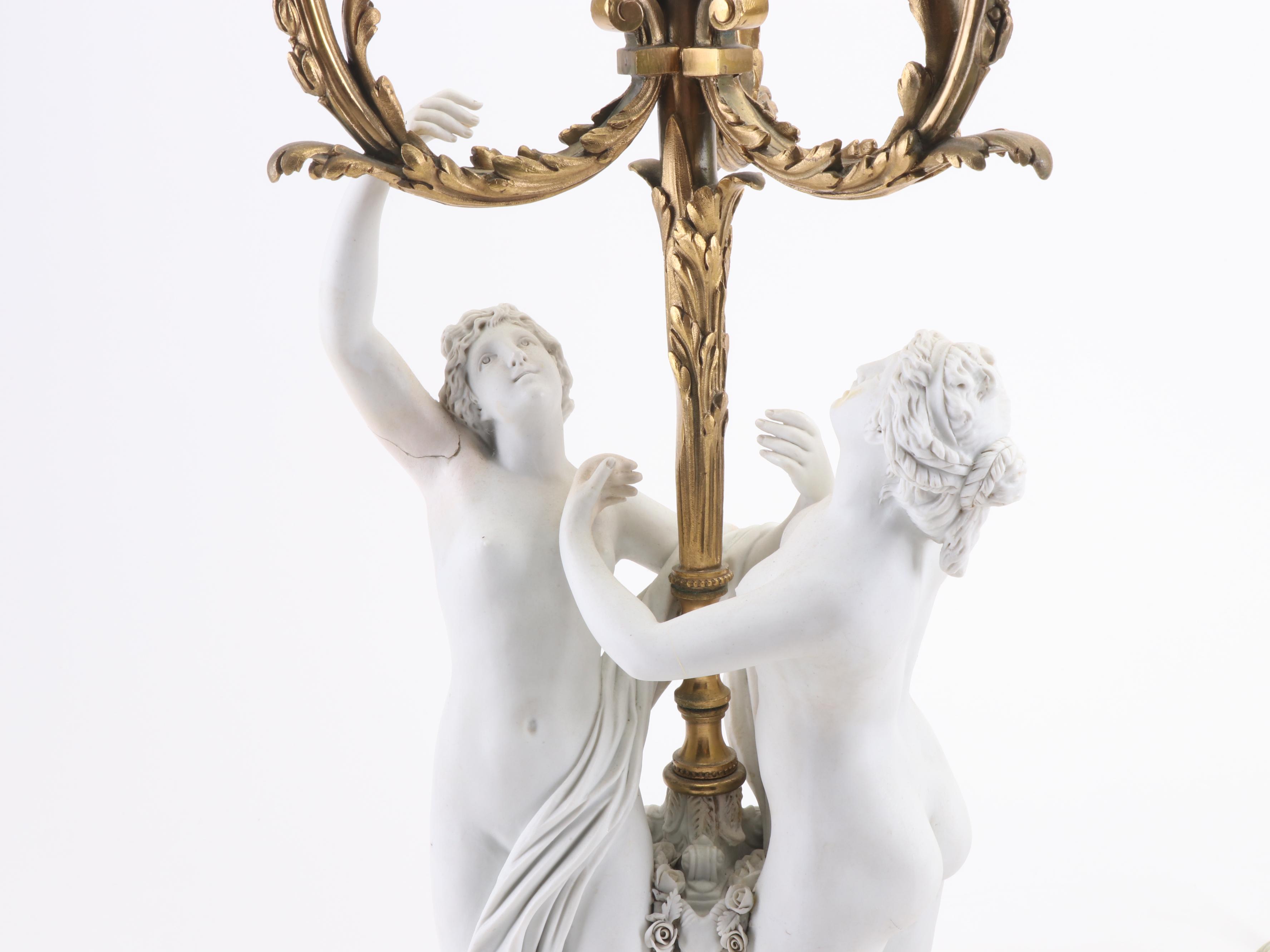 Neoclassical Bisque Porcelain Figural and Gilded Metal Candelabra Table Lamps