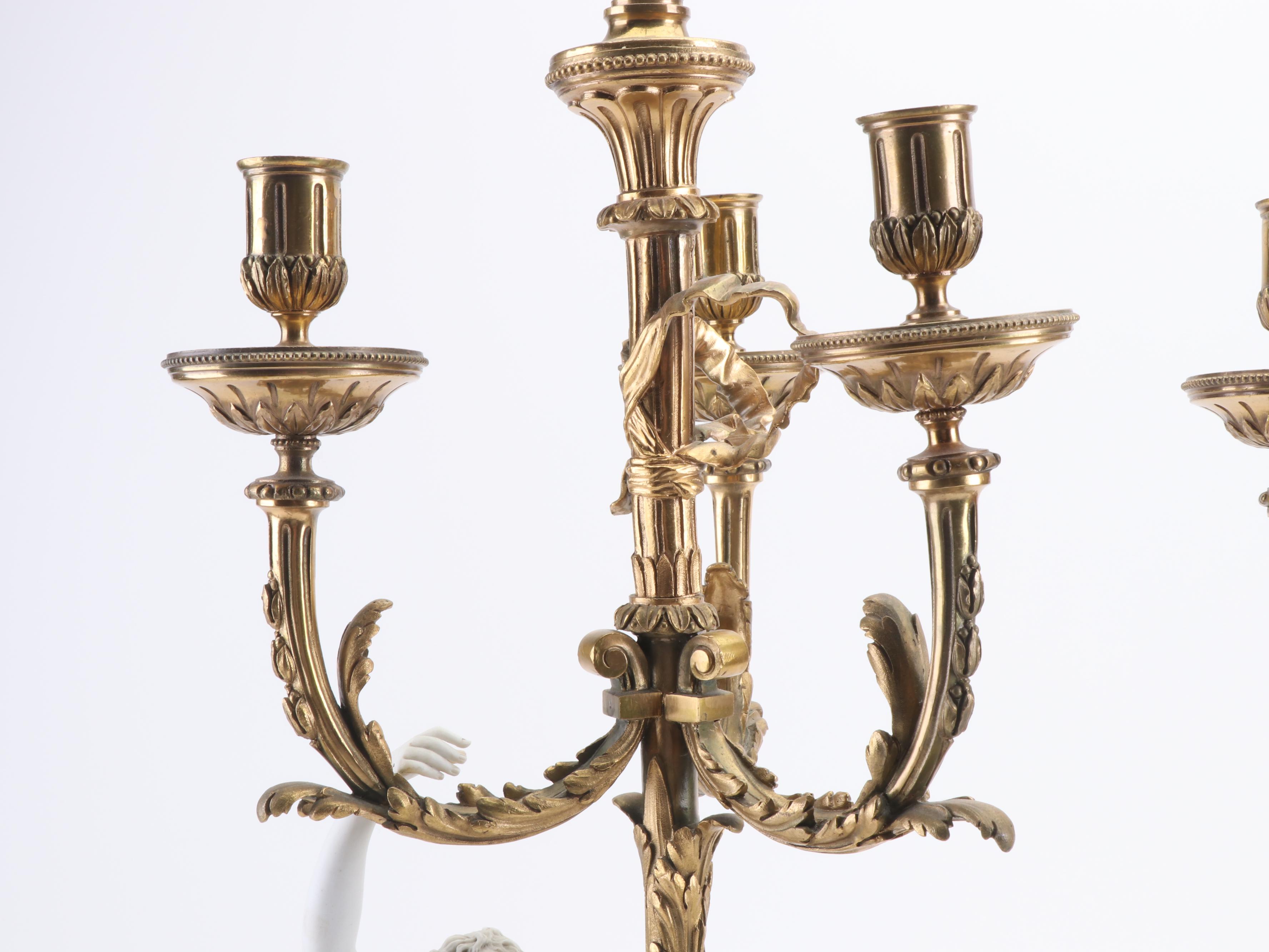Neoclassical Bisque Porcelain Figural and Gilded Metal Candelabra Table Lamps