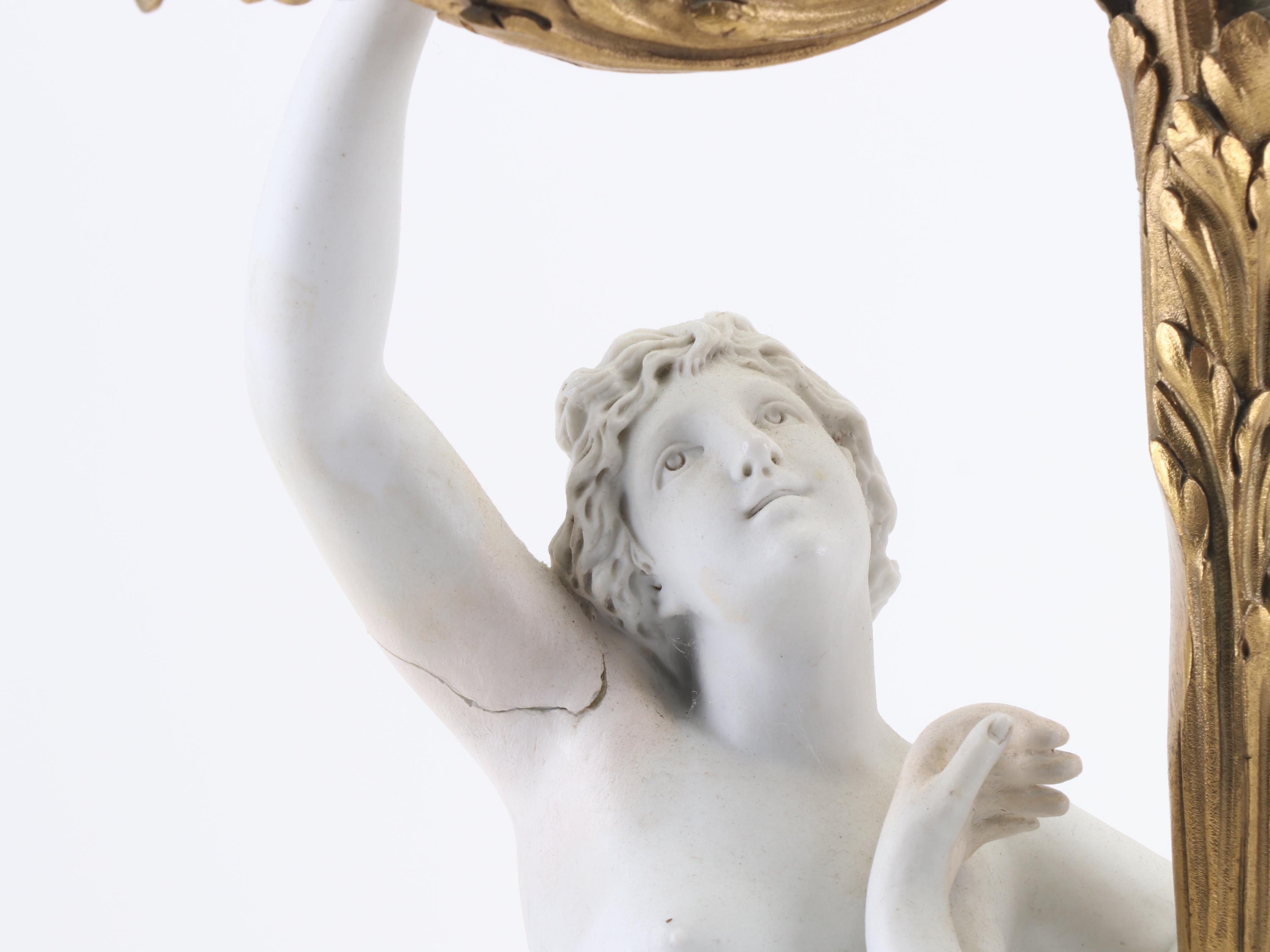 Neoclassical Bisque Porcelain Figural and Gilded Metal Candelabra Table Lamps