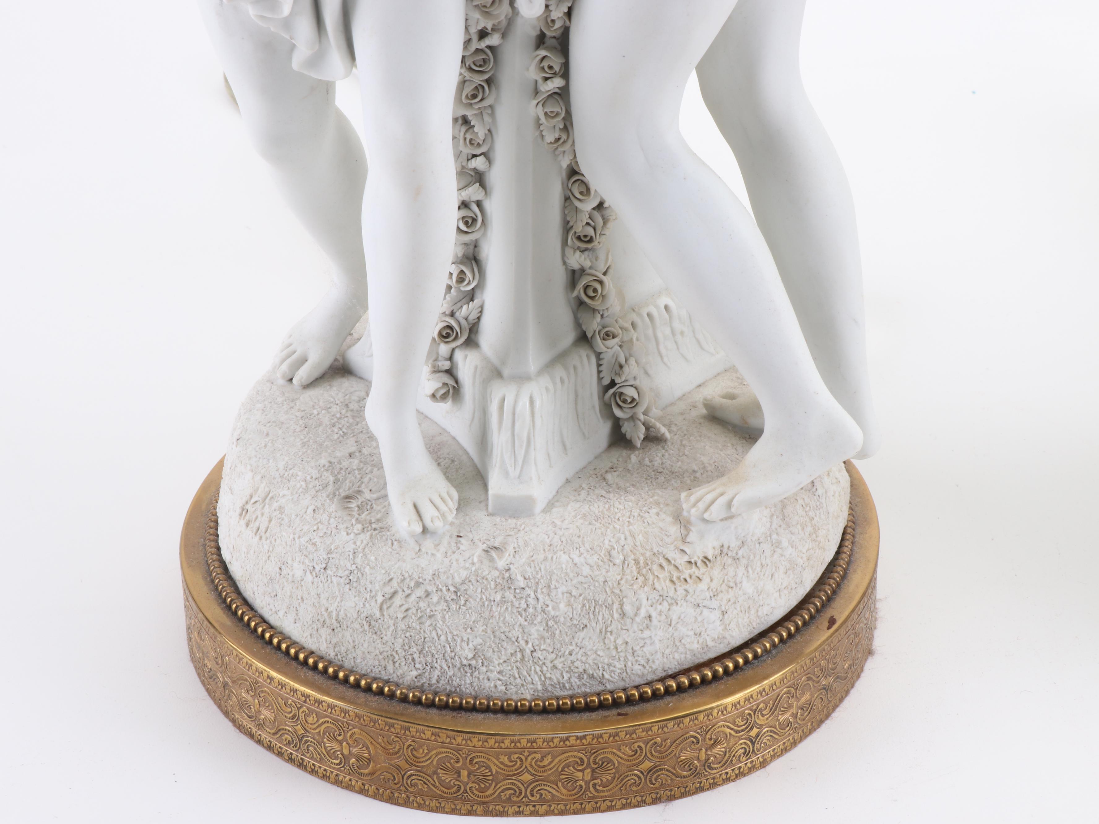 Neoclassical Bisque Porcelain Figural and Gilded Metal Candelabra Table Lamps