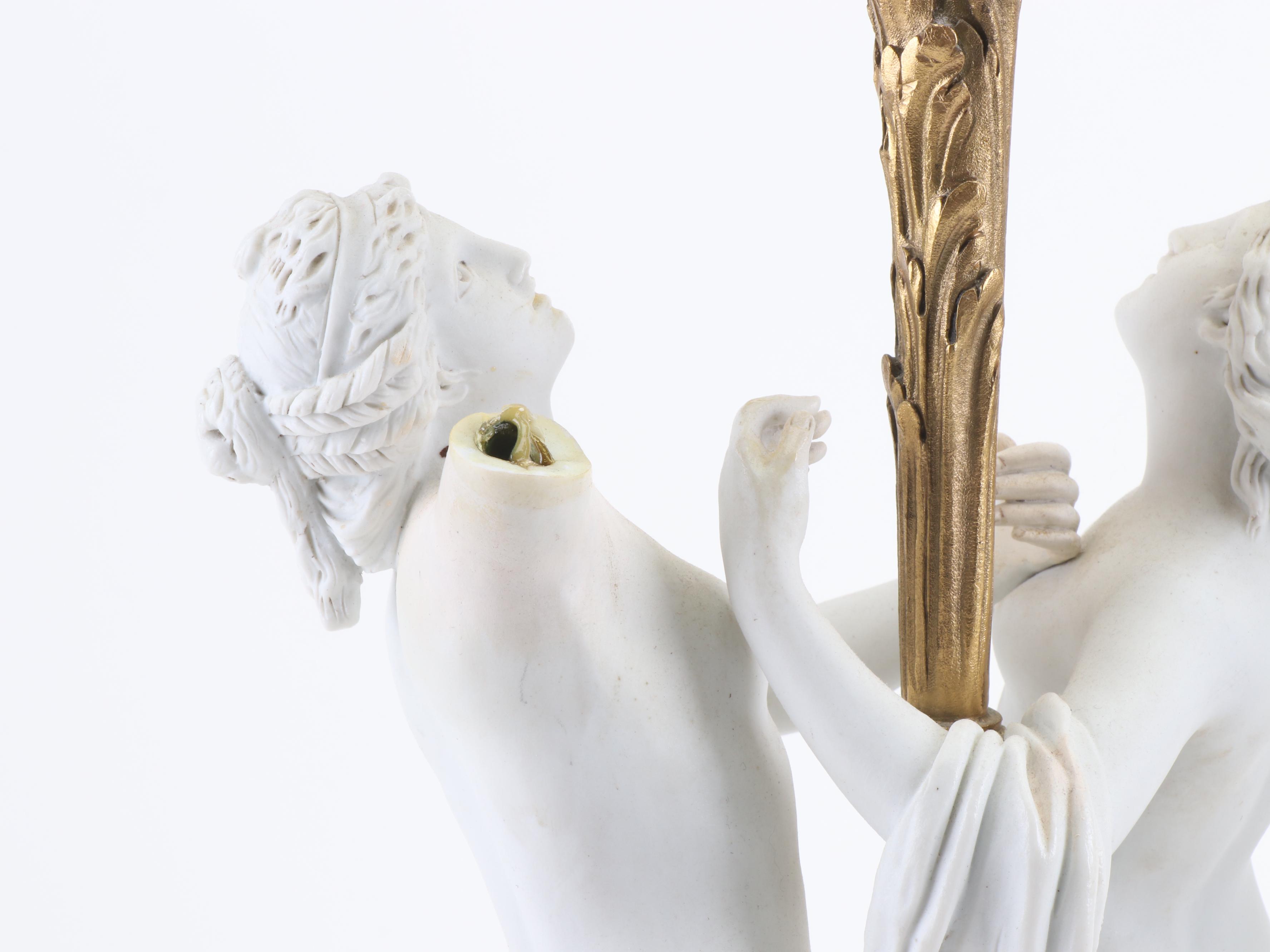 Neoclassical Bisque Porcelain Figural and Gilded Metal Candelabra Table Lamps