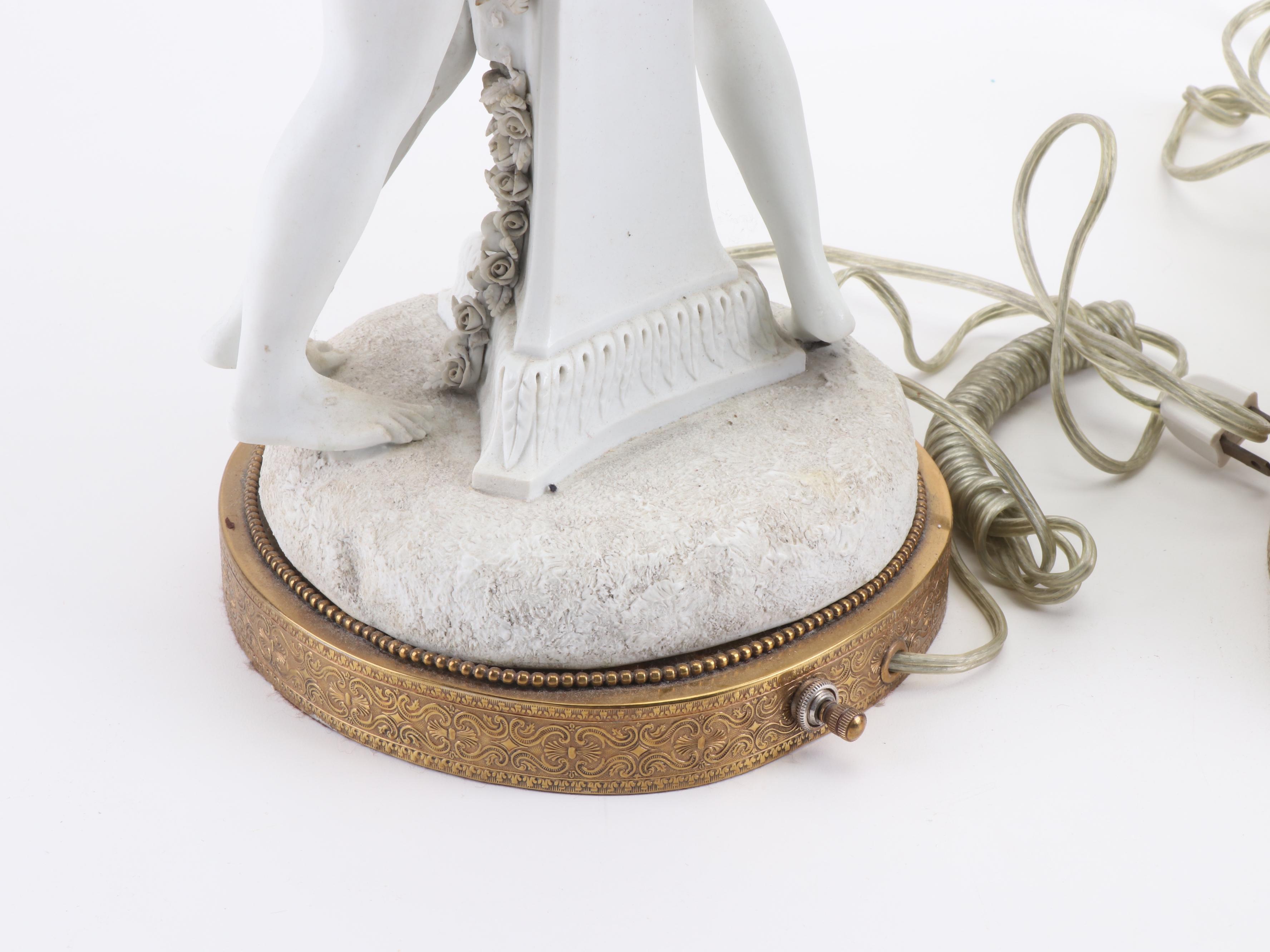 Neoclassical Bisque Porcelain Figural and Gilded Metal Candelabra Table Lamps