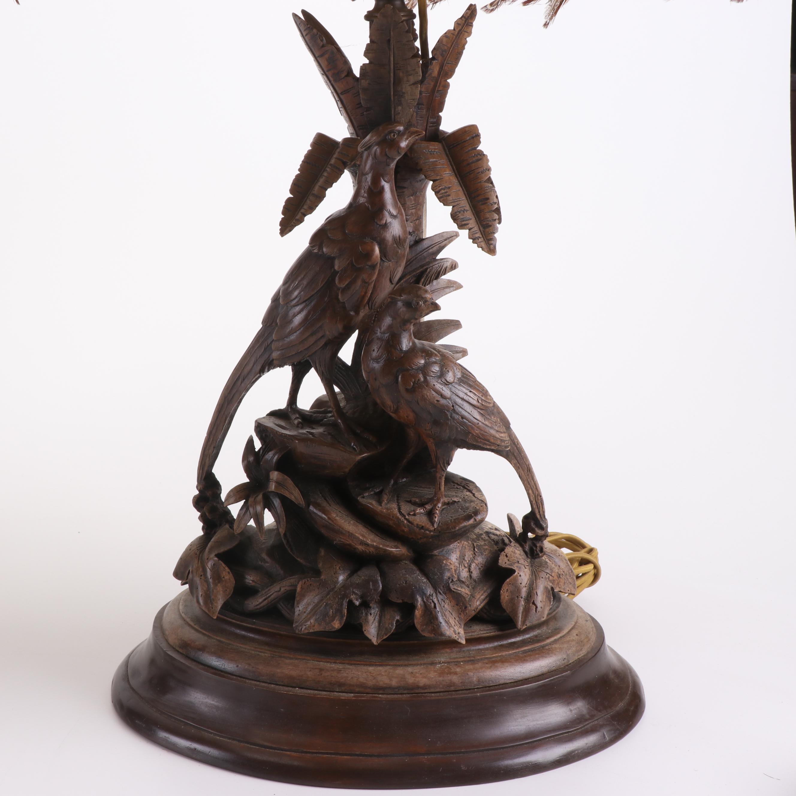 Carved Wood Table Lamps with Pheasant Feather Shades