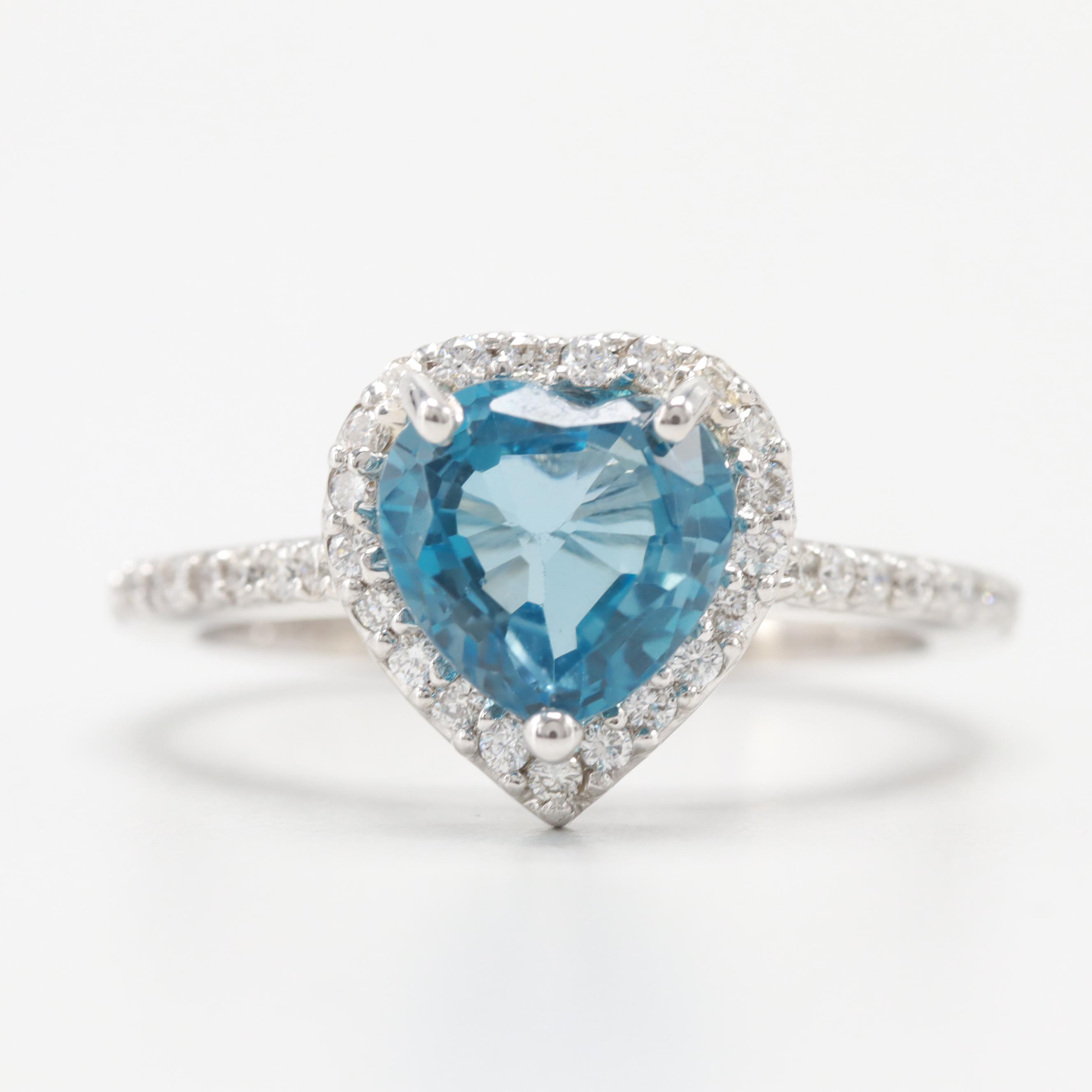 14K White Gold Blue Topaz and Diamond Ring