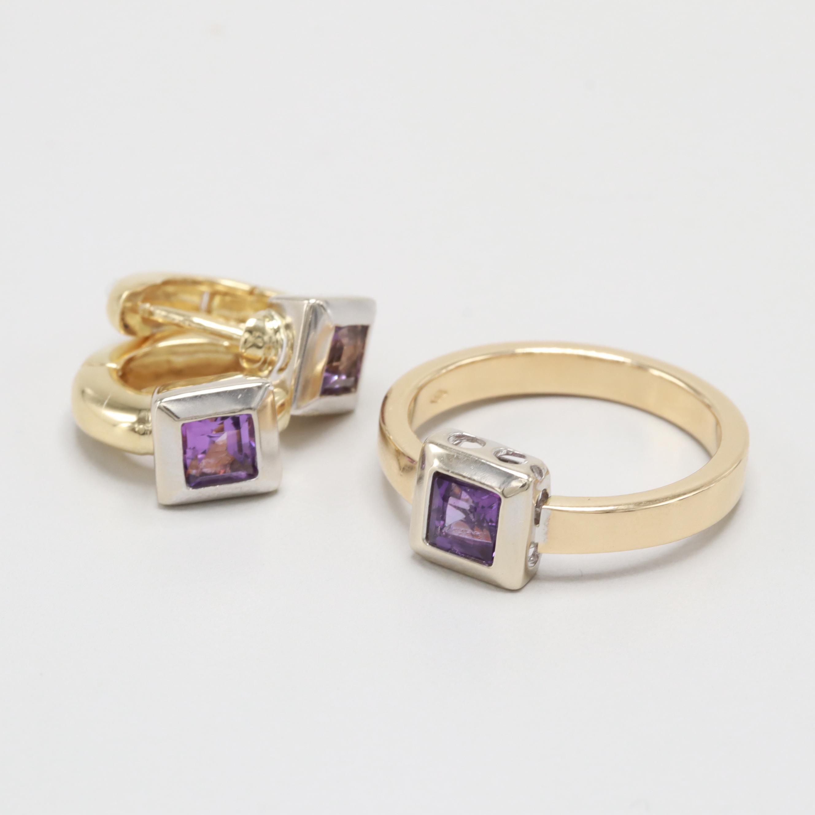 18K Yellow and White Gold Amethyst Earring and Ring Set