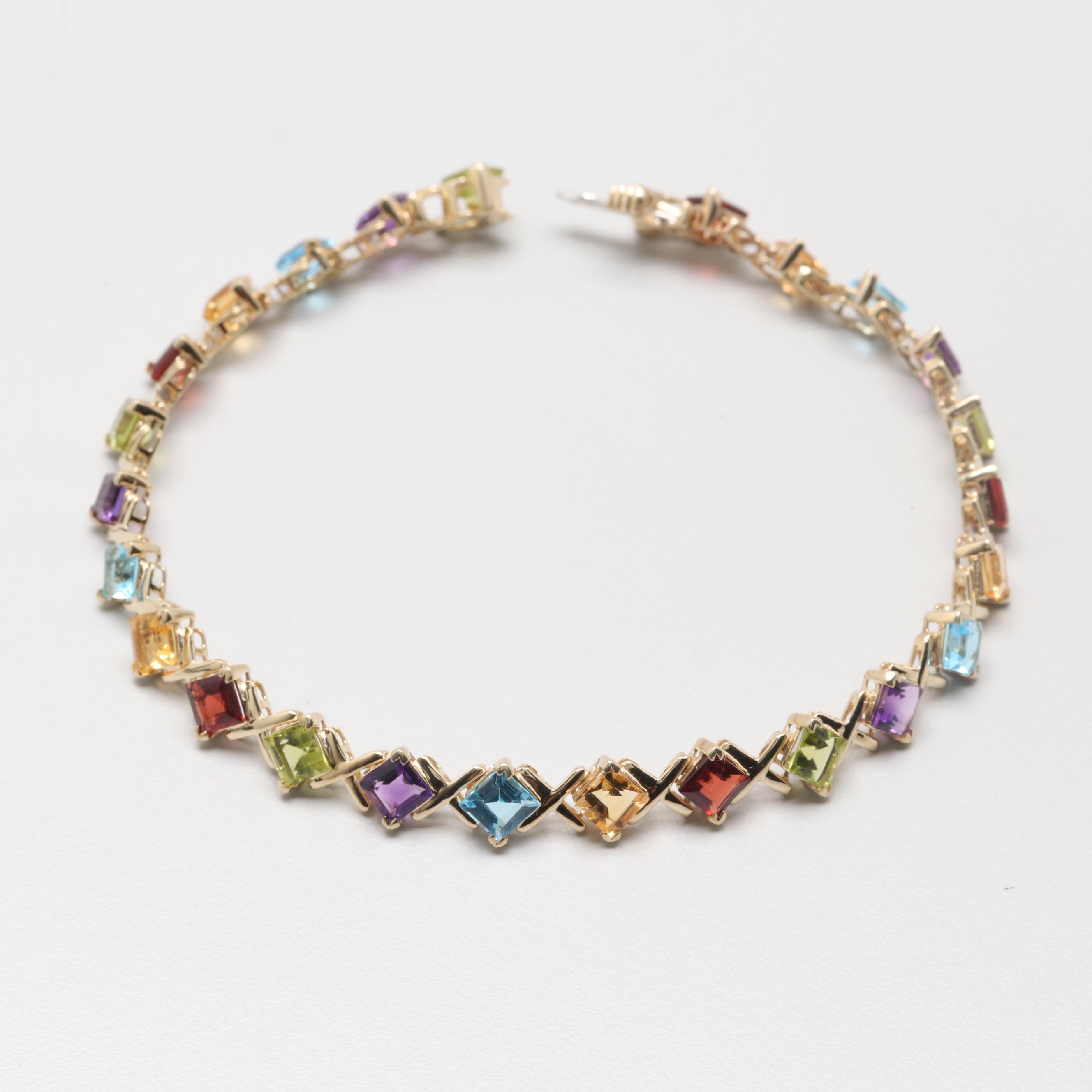 10K Yellow Gold Bracelet Including Topaz, Amethyst, and Citrine