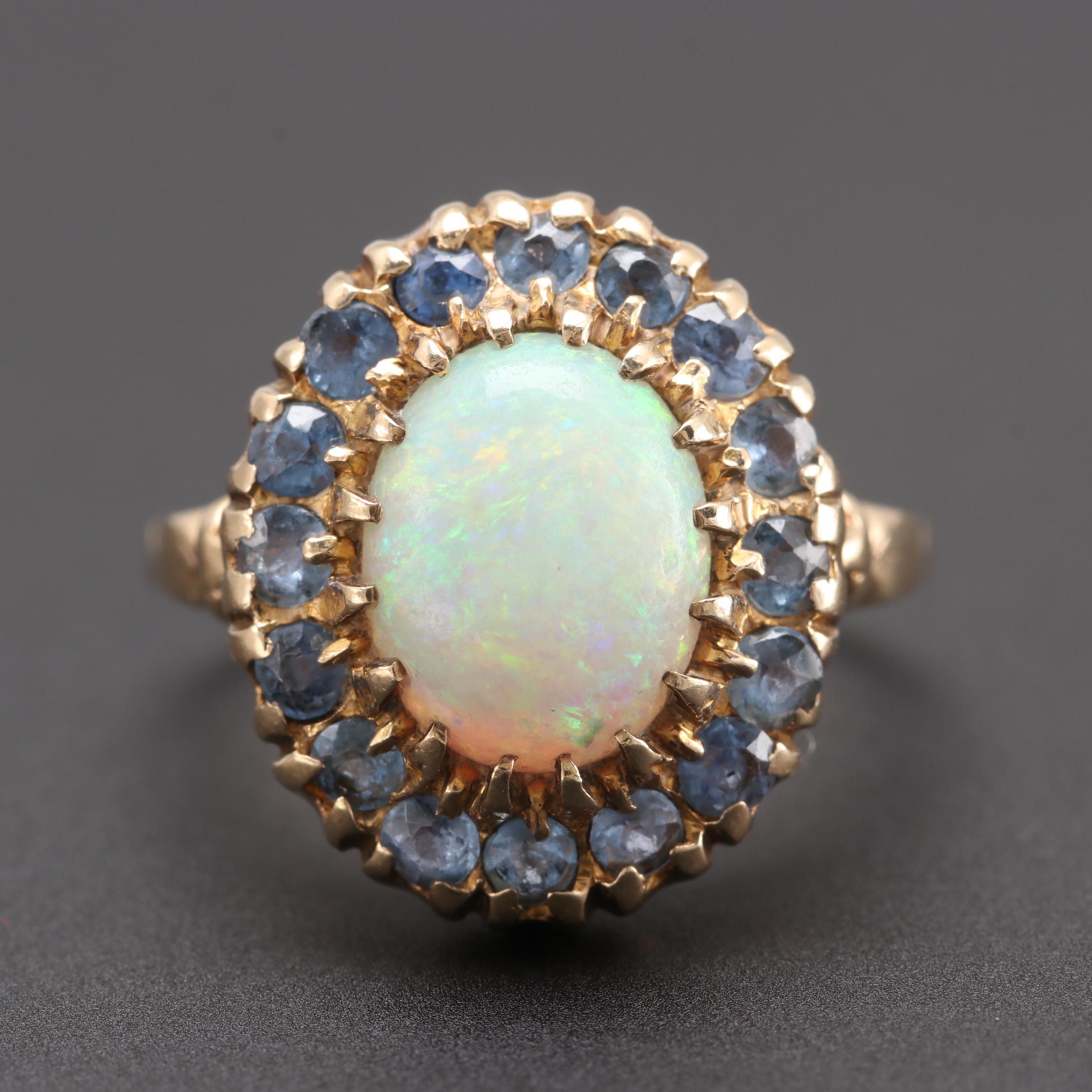 14K Yellow Gold Opal and Blue Sapphire Ring