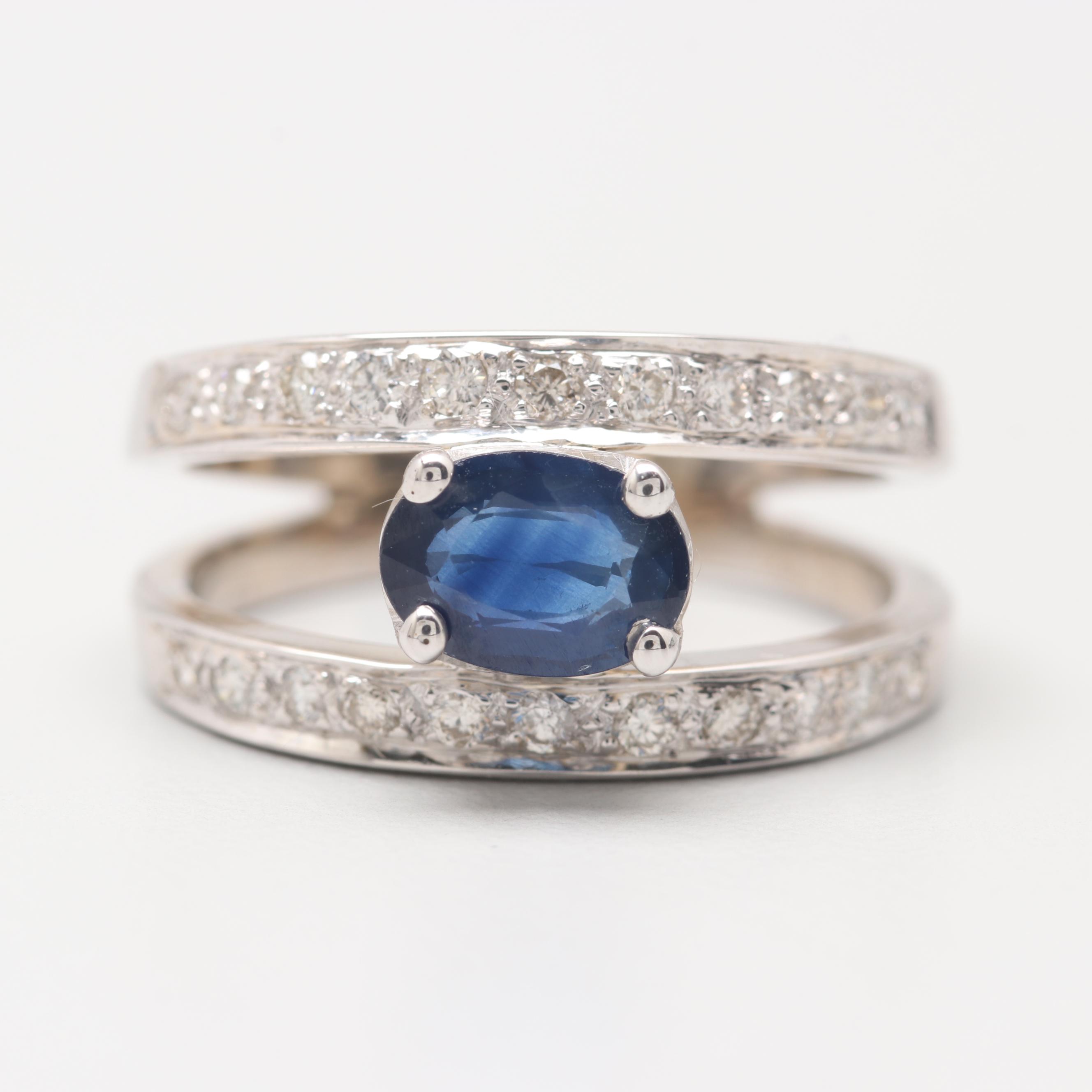 14K White Gold Blue Sapphire and Diamond Ring