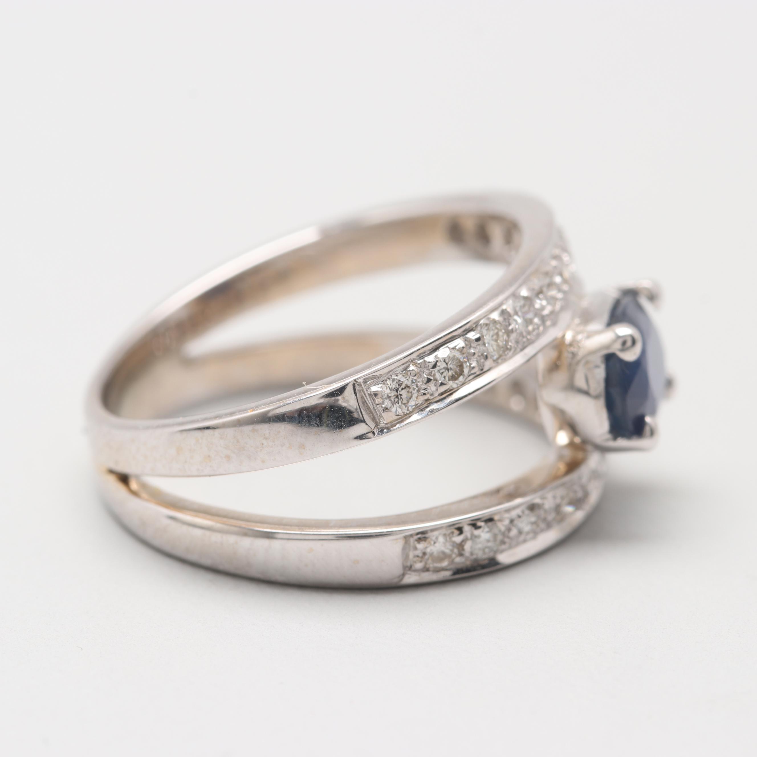 14K White Gold Blue Sapphire and Diamond Ring
