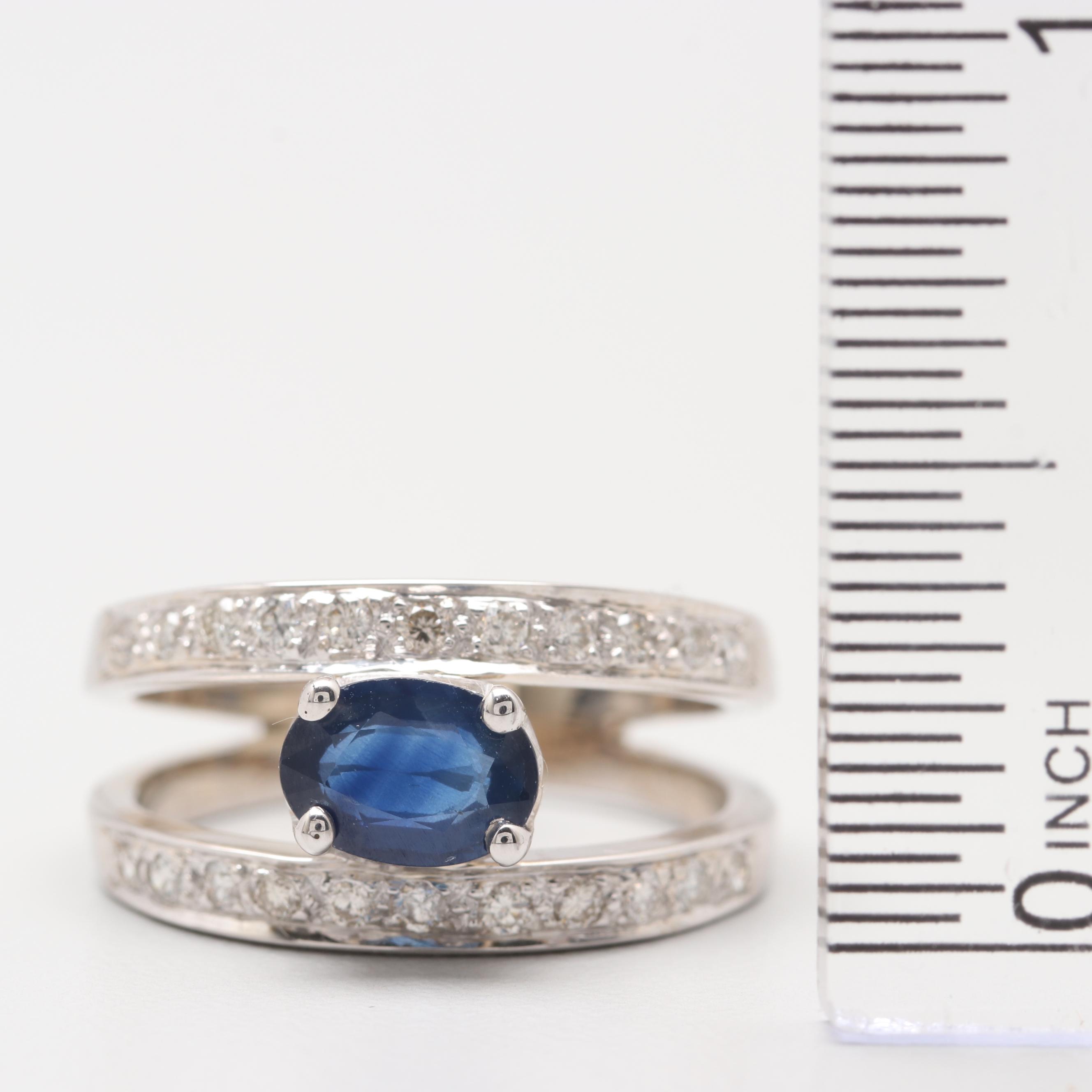 14K White Gold Blue Sapphire and Diamond Ring