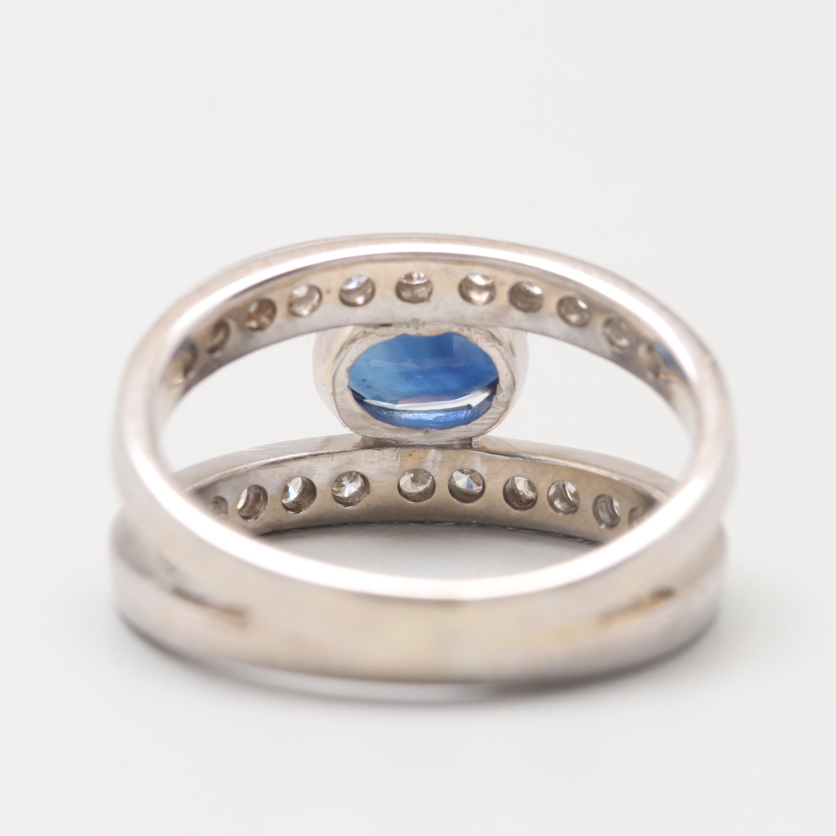14K White Gold Blue Sapphire and Diamond Ring