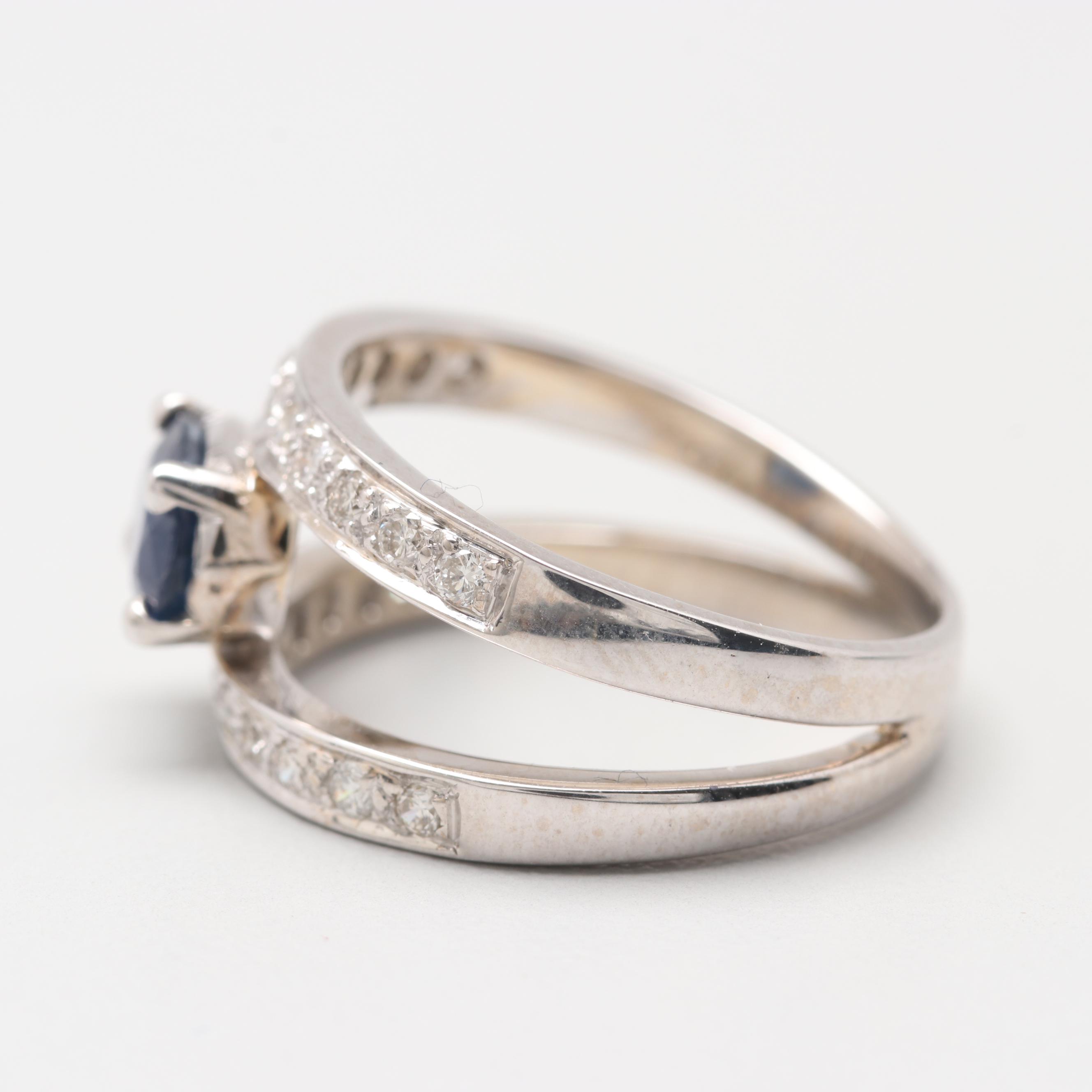 14K White Gold Blue Sapphire and Diamond Ring