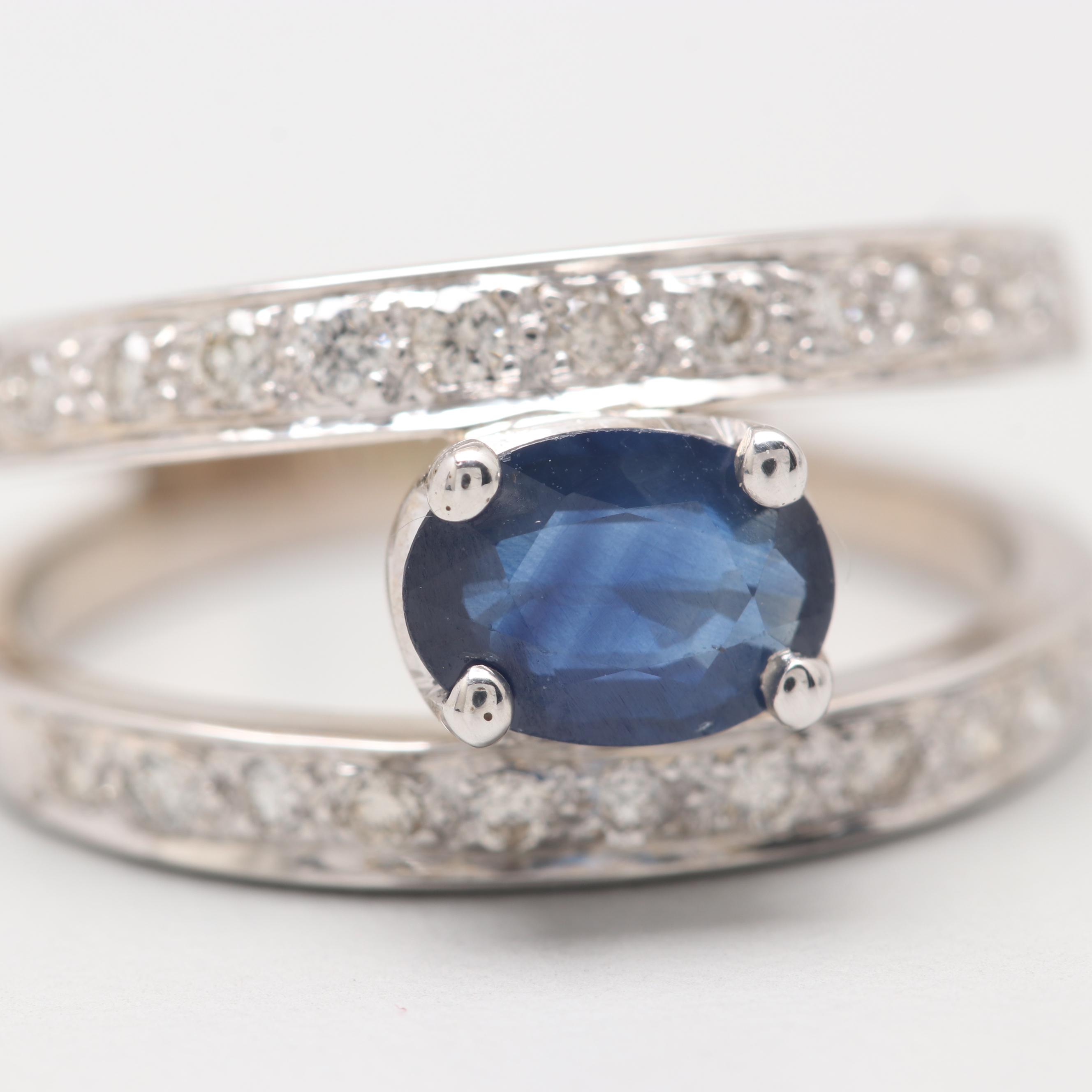 14K White Gold Blue Sapphire and Diamond Ring