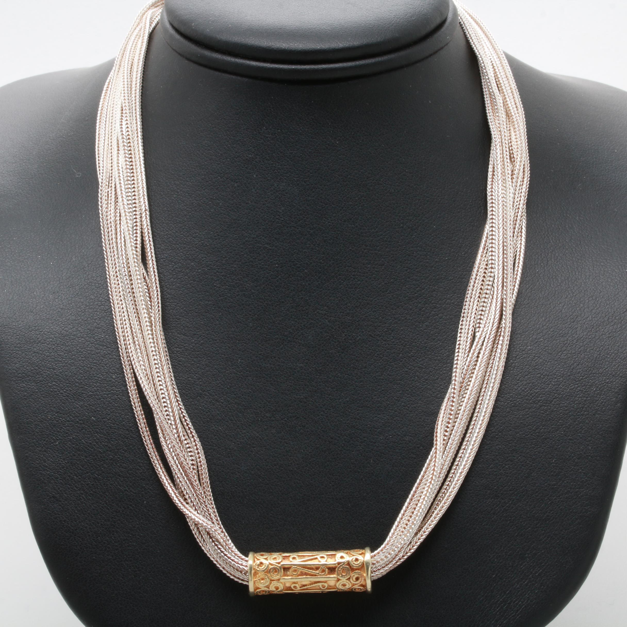 Sterling Silver Eight Chain Necklace with Gold Tone Accents