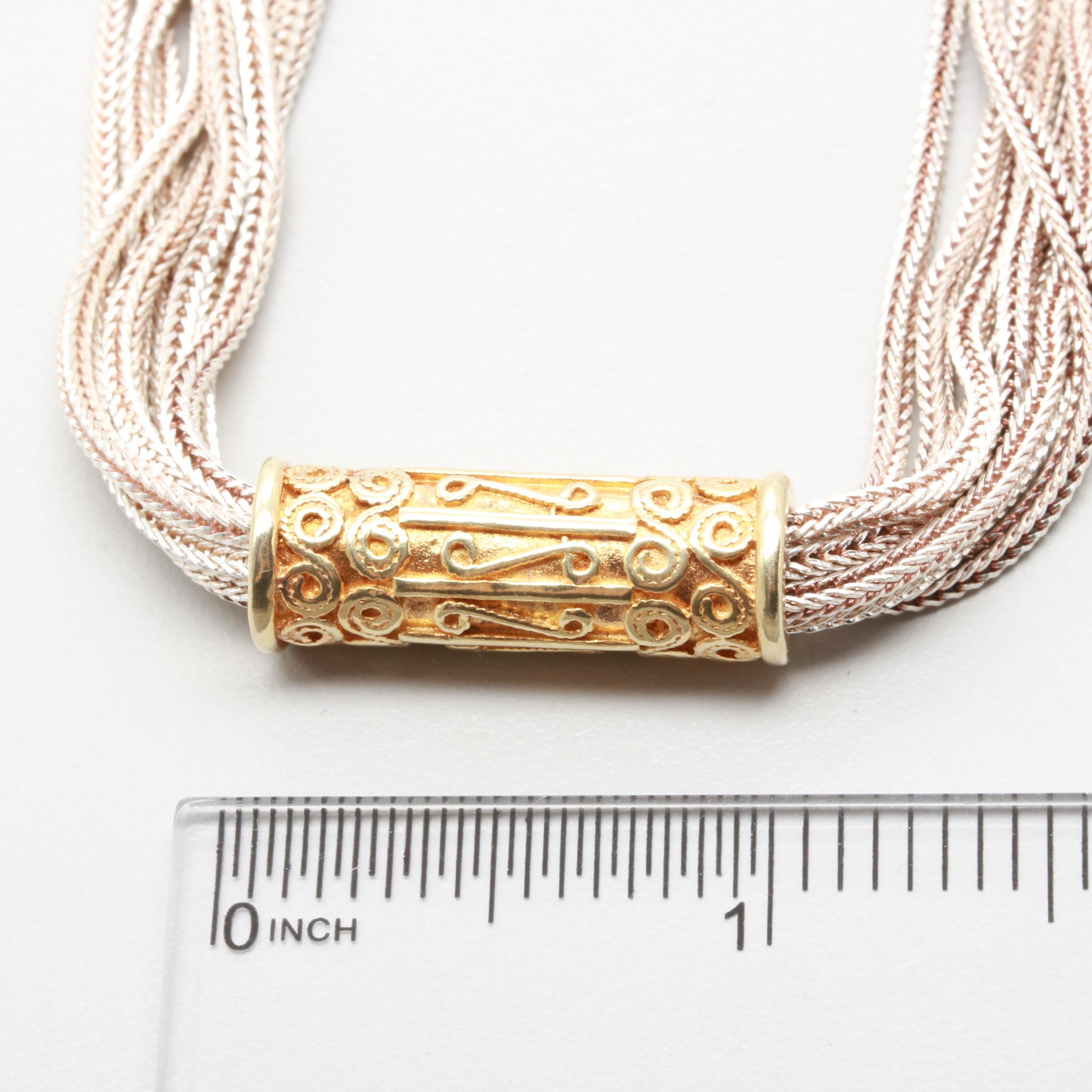 Sterling Silver Eight Chain Necklace with Gold Tone Accents