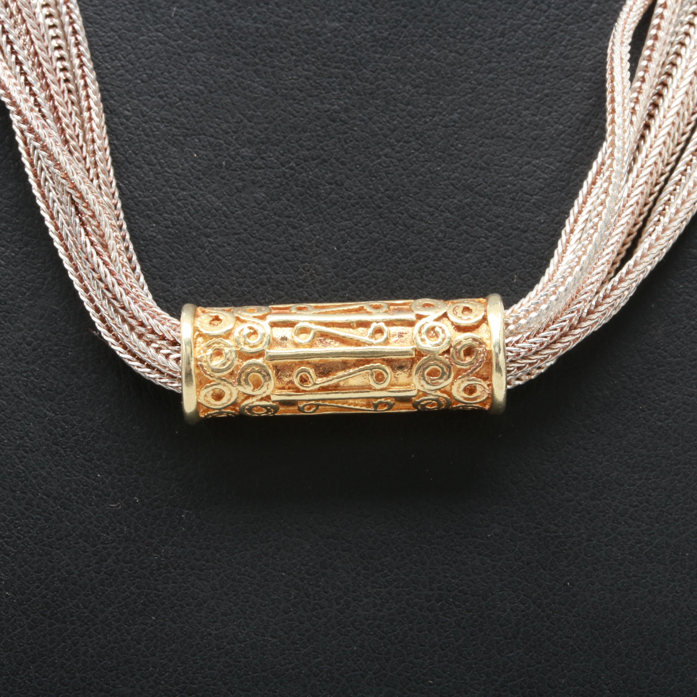 Sterling Silver Eight Chain Necklace with Gold Tone Accents