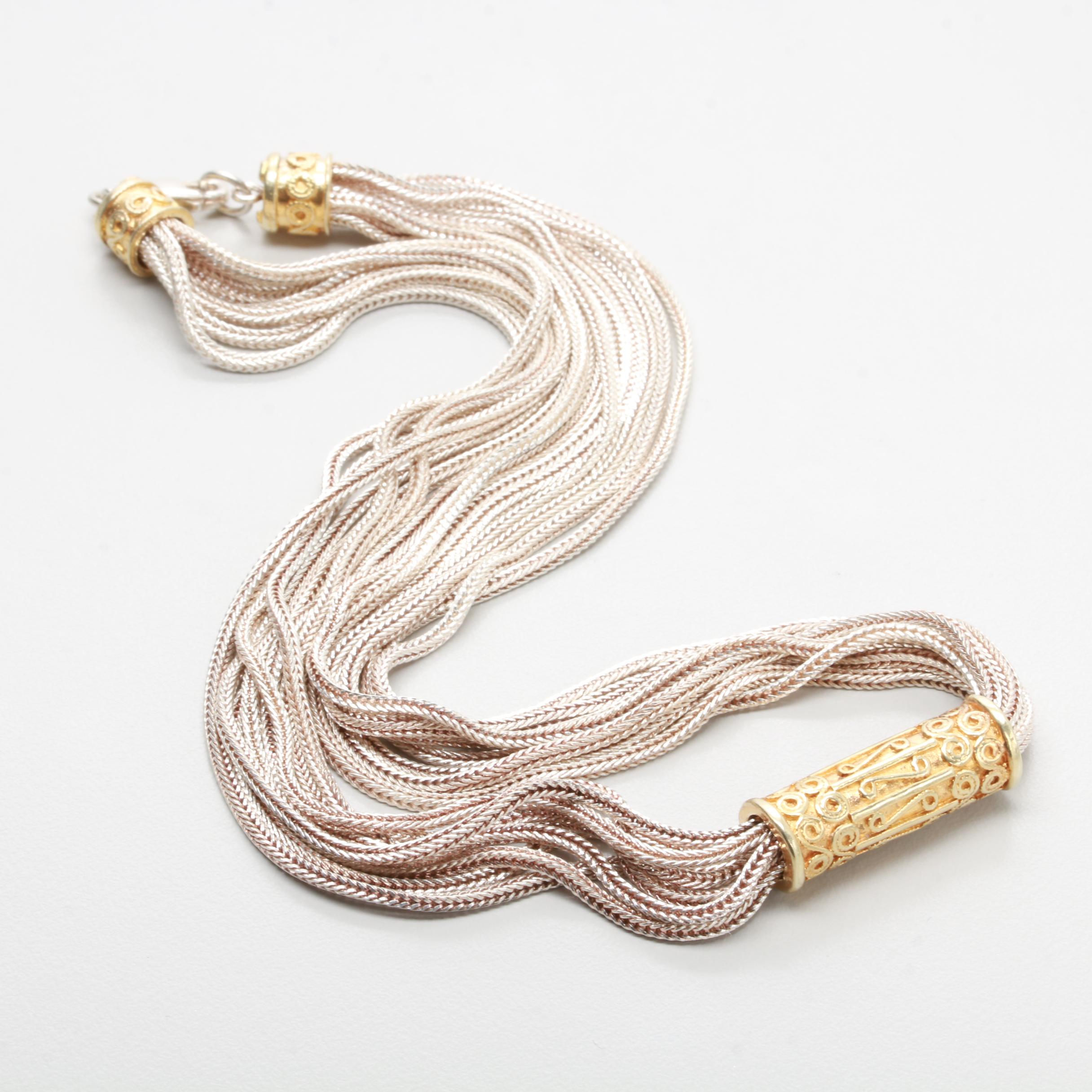 Sterling Silver Eight Chain Necklace with Gold Tone Accents