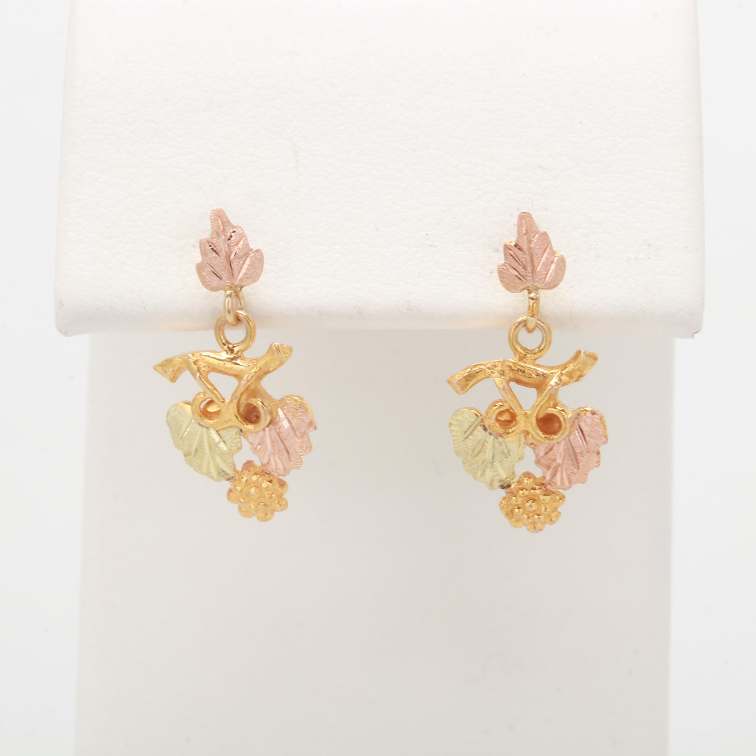 14K Tri-Color Gold Leaf Motif Dangle Earrings