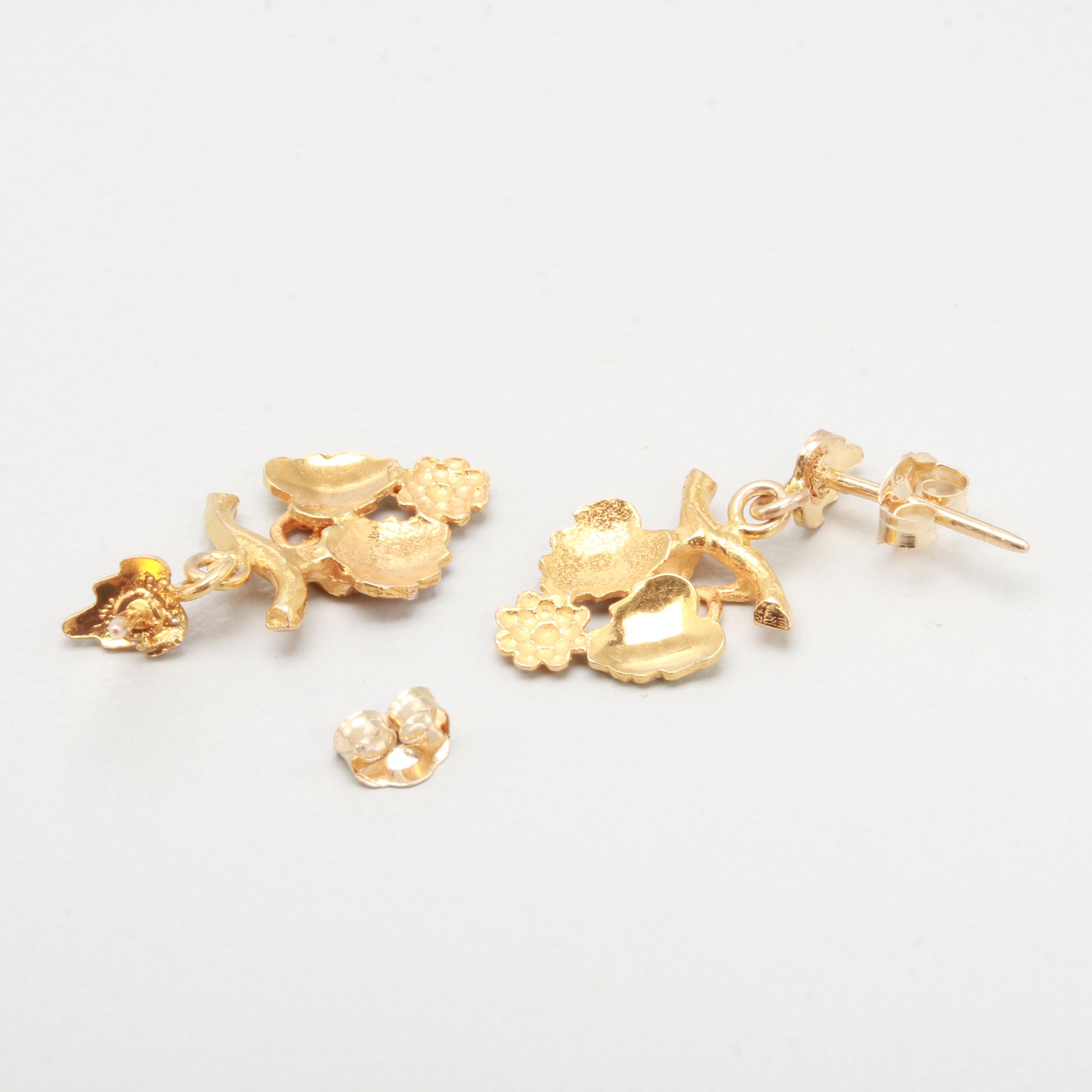 14K Tri-Color Gold Leaf Motif Dangle Earrings