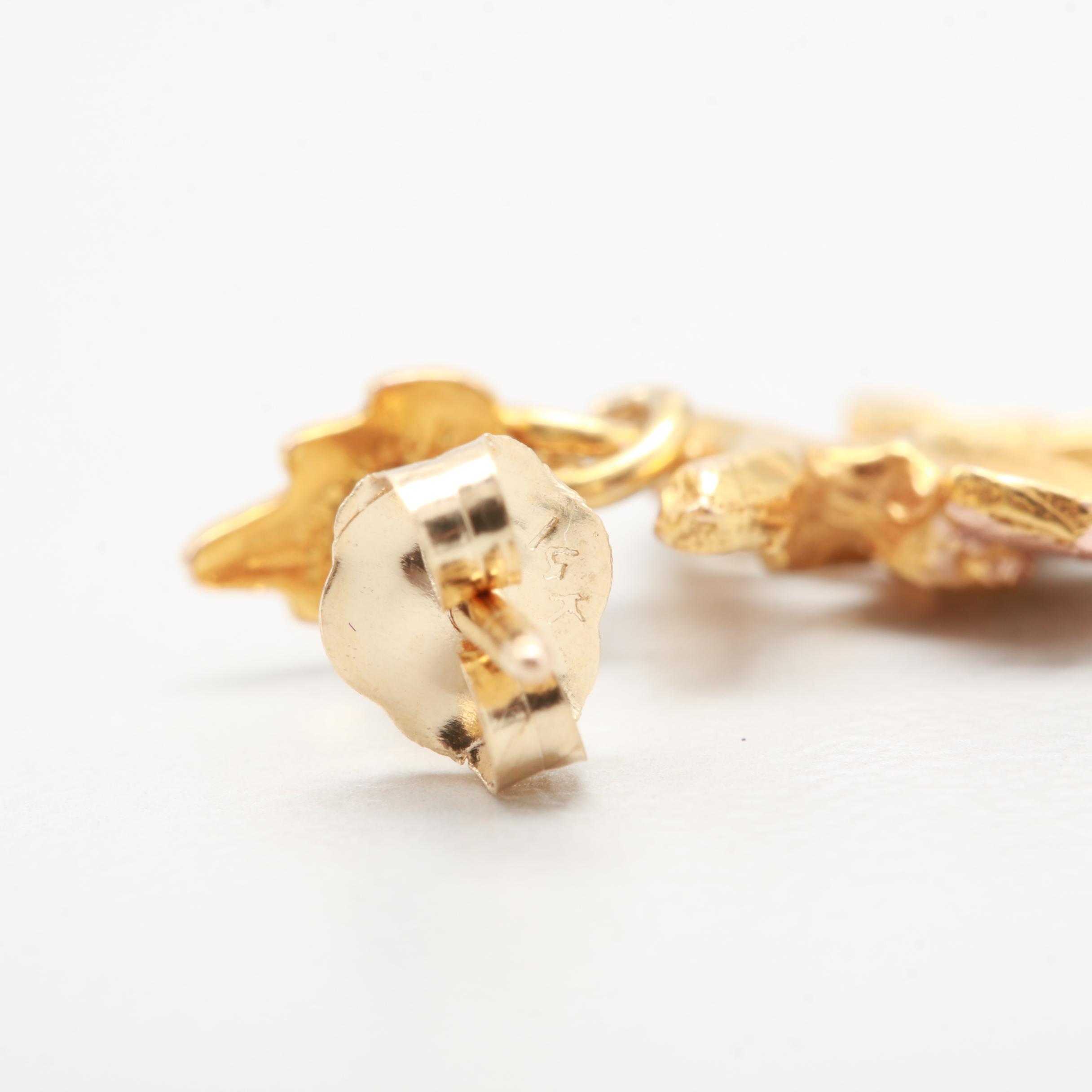 14K Tri-Color Gold Leaf Motif Dangle Earrings