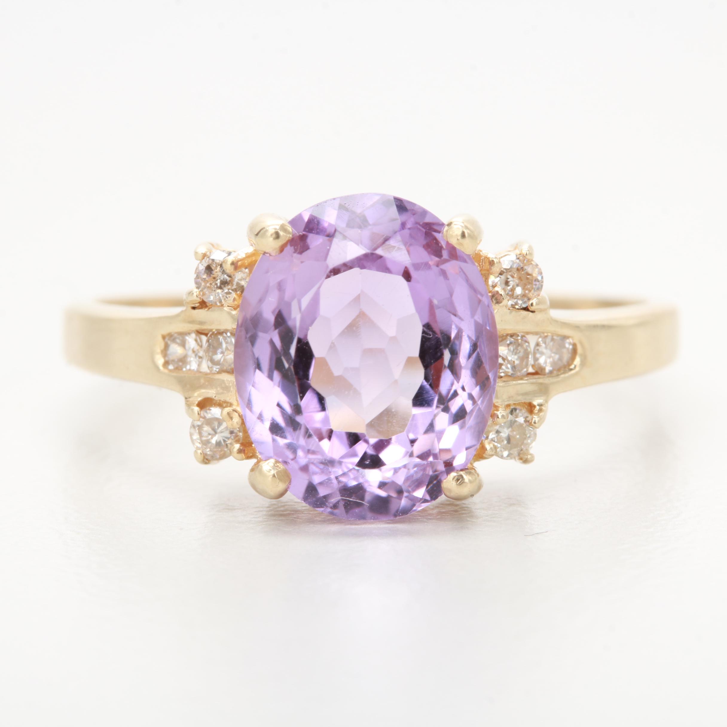 14K Yellow Gold Amethyst and Diamond Ring