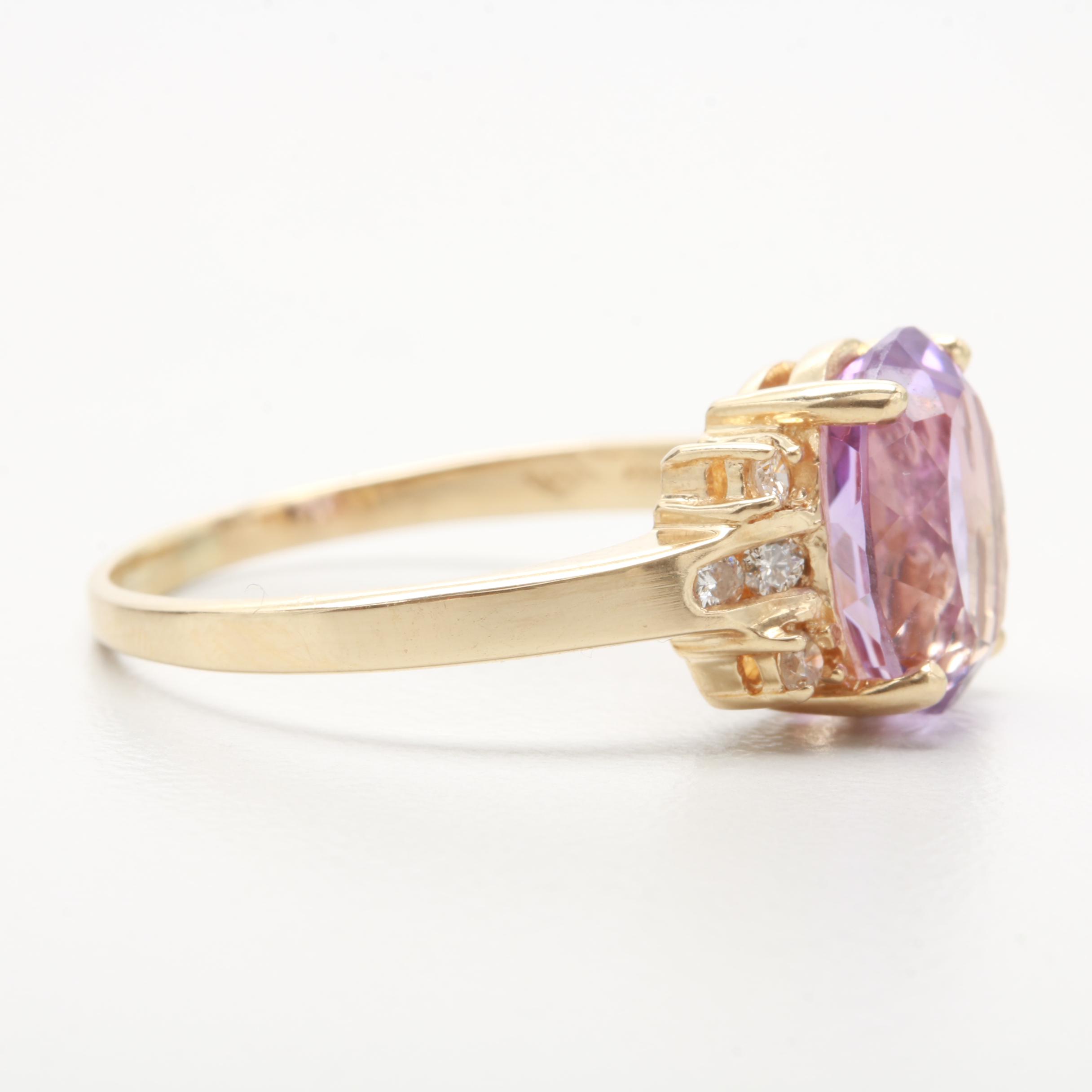 14K Yellow Gold Amethyst and Diamond Ring